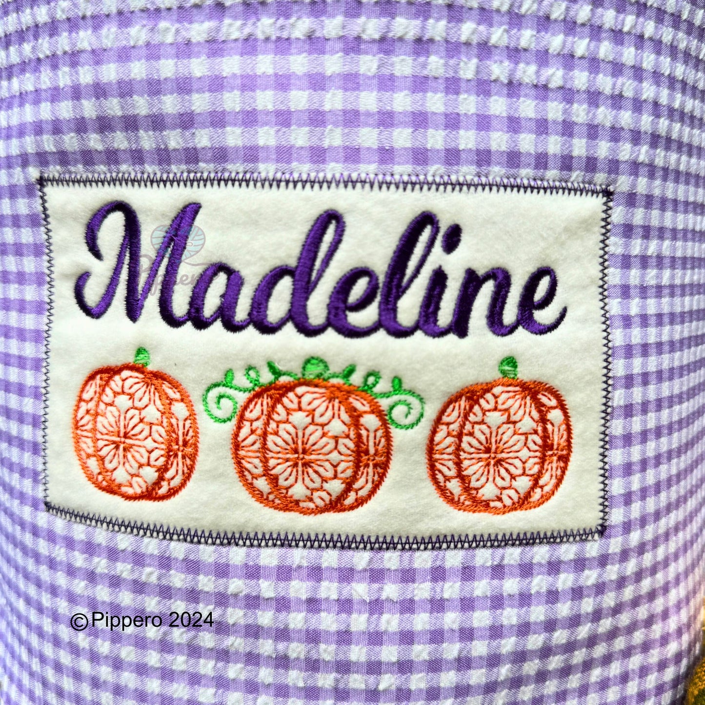 Personalized Embroidered Gingham Trick or Treat Halloween Basket Bag Orange Pumpkin Design