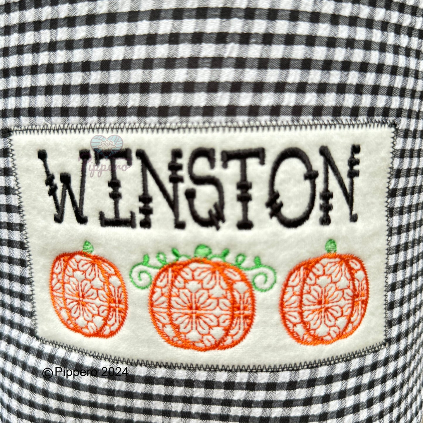 Personalized Embroidered Gingham Trick or Treat Halloween Basket Bag Orange Pumpkin Design