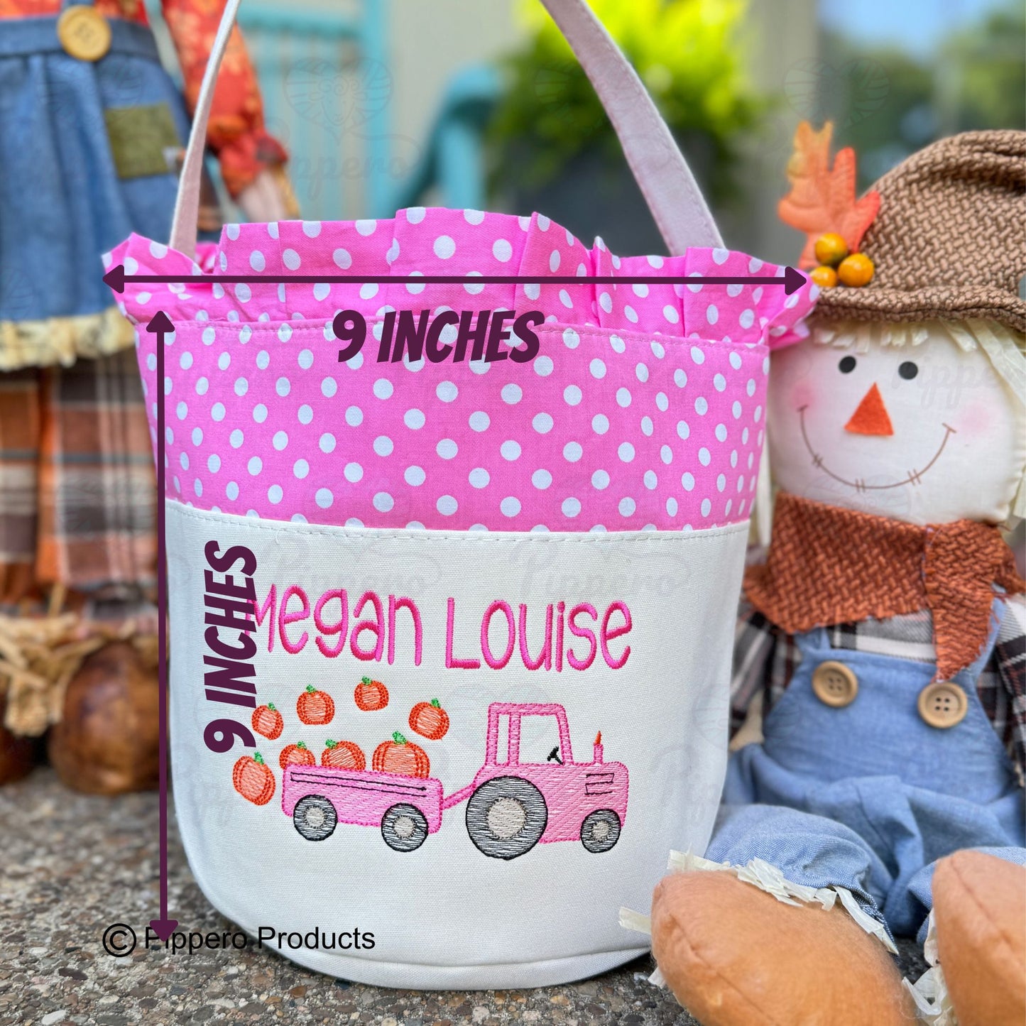 Personalized Embroidered Trick or Treat, Trunk or Treat Halloween Candy Bag Basket Bucket Tote with Small Dot Tractor Design Gift for Boy or Girl