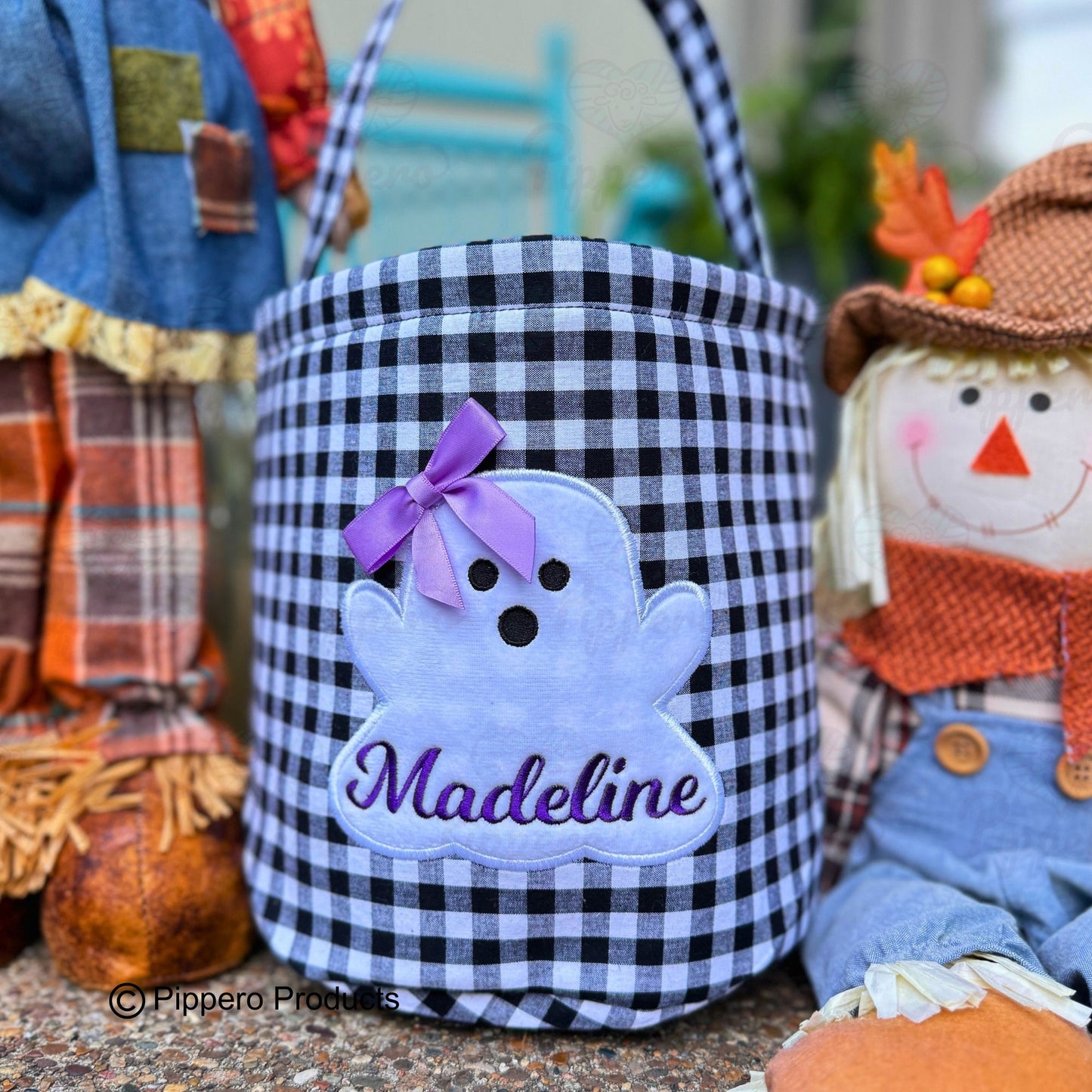 Personalized Embroidered Kid's Trick or Treat Halloween Candy Bag Basket Bucket Tote with Custom Gingham Ghost Appliqué Characters
