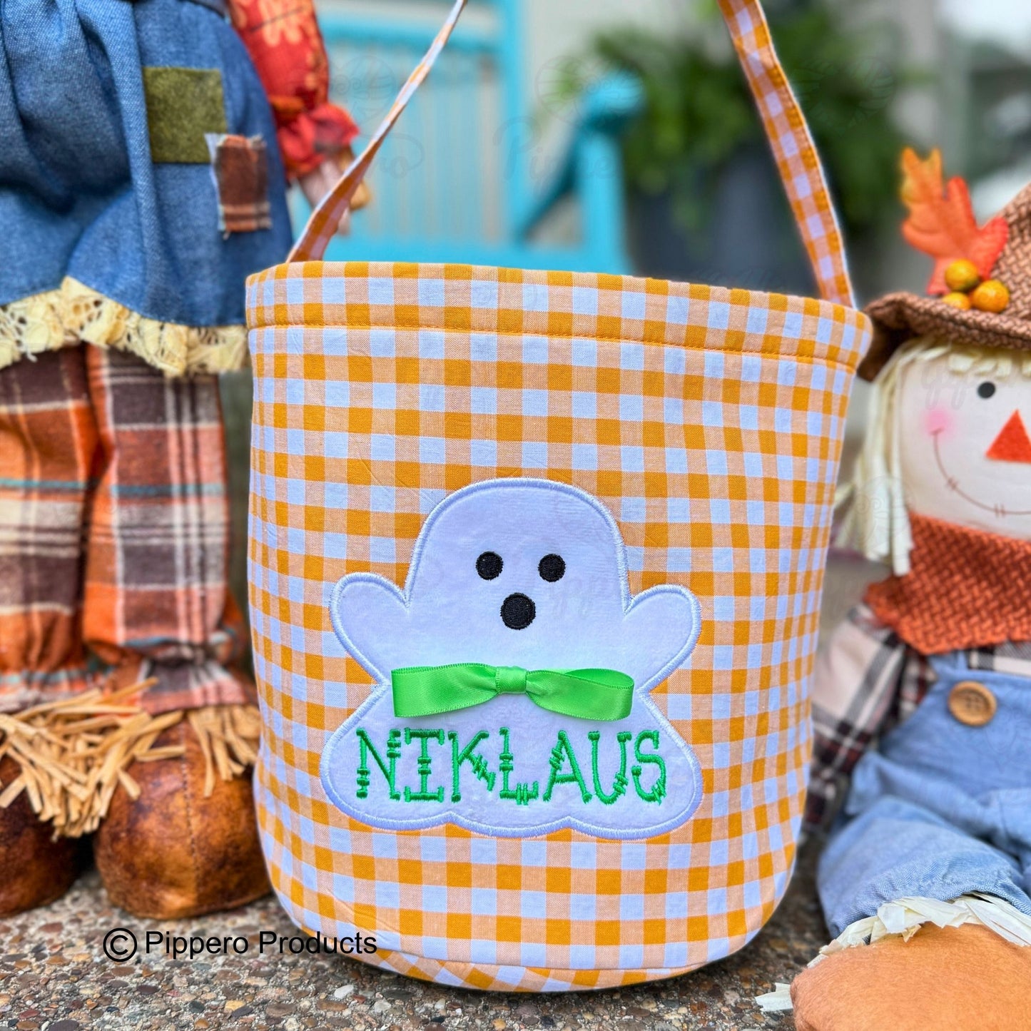 Personalized Embroidered Kid's Trick or Treat Halloween Candy Bag Basket Bucket Tote with Custom Gingham Ghost Appliqué Characters