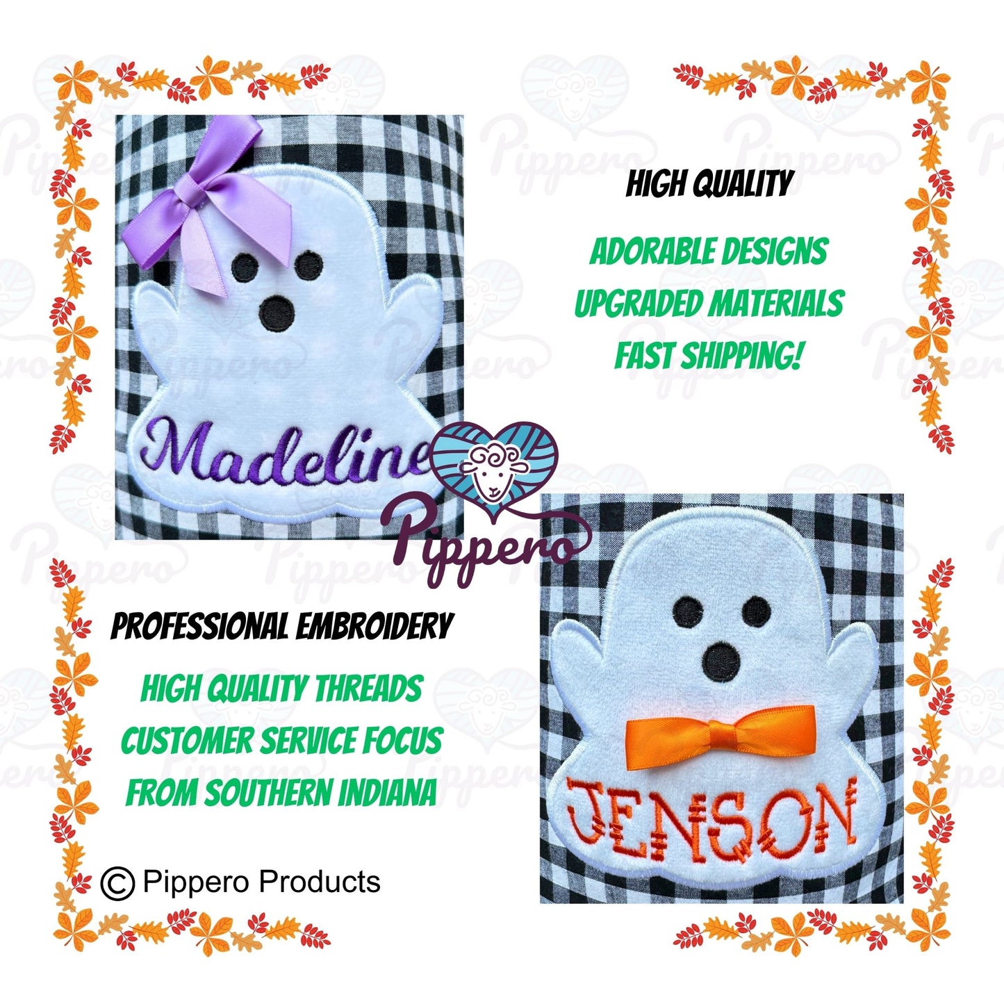 Personalized Embroidered Kid's Trick or Treat Halloween Candy Bag Basket Bucket Tote with Custom Gingham Ghost Appliqué Characters