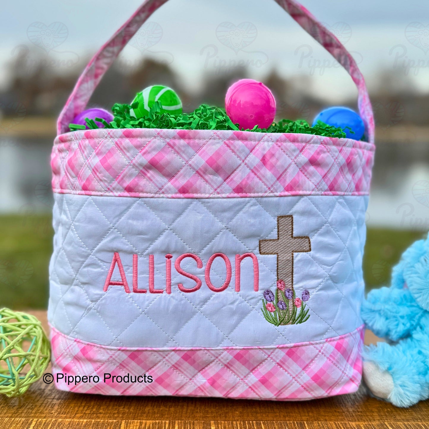 Religious Cross Quilted Personalized Embroidered Easter Egg Candy Basket
