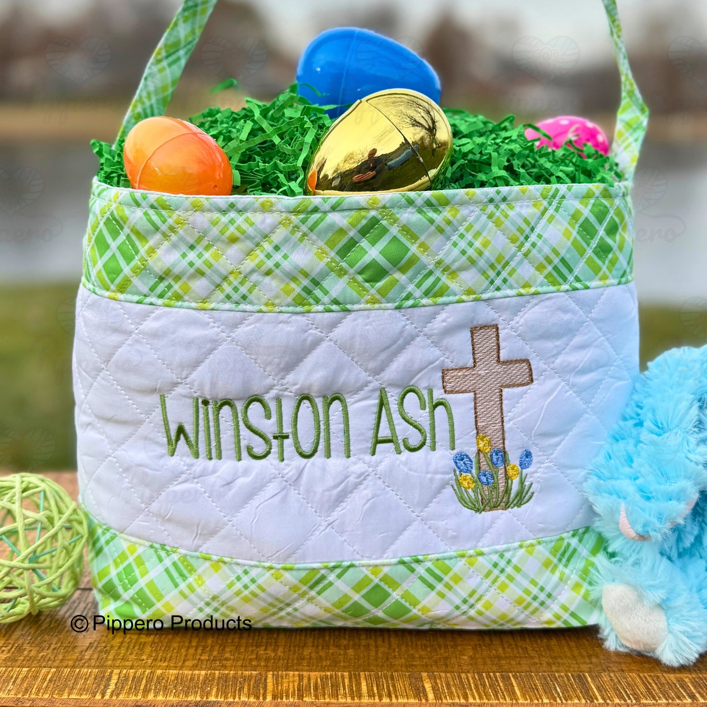 Religious Cross Quilted Personalized Embroidered Easter Egg Candy Basket