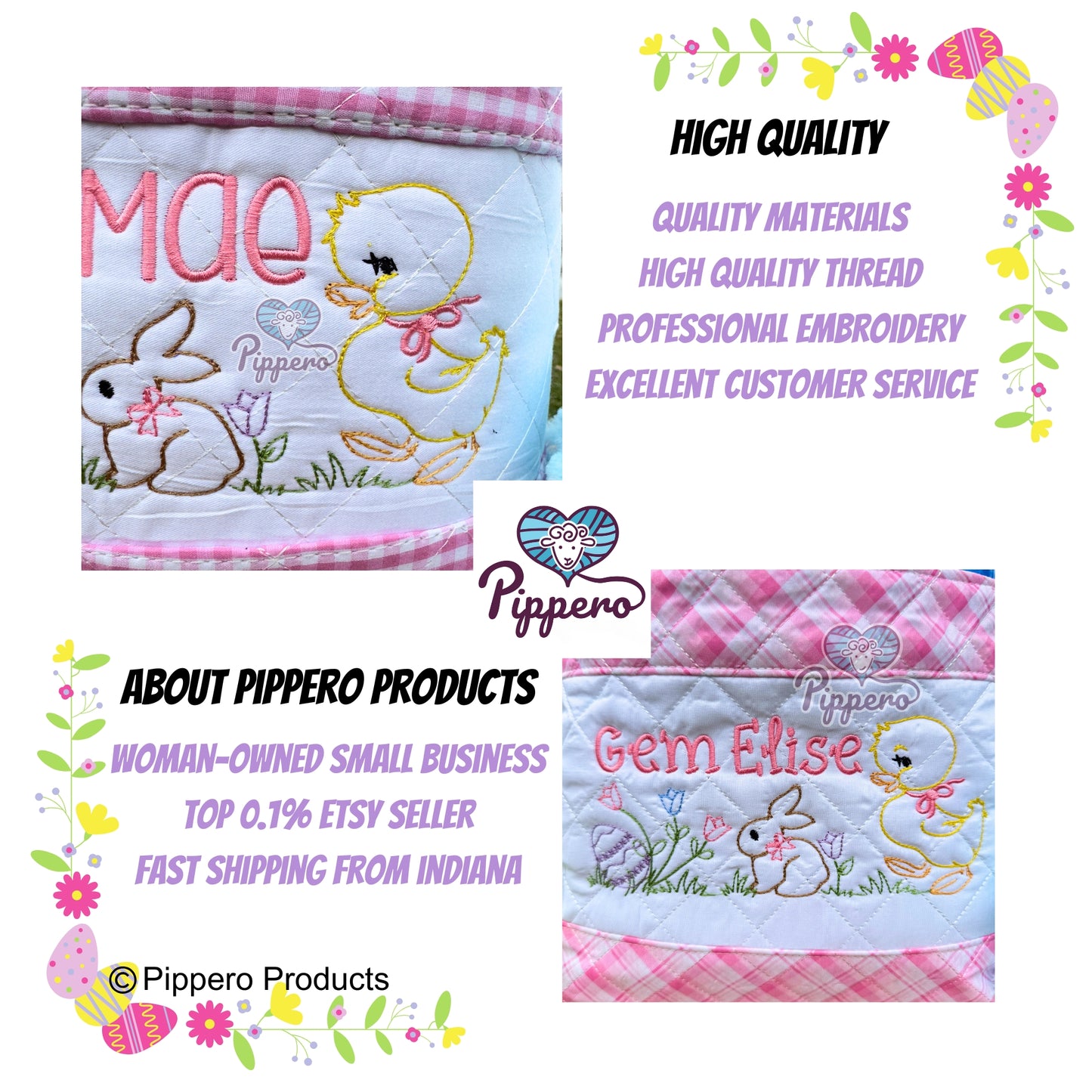 Personalized Embroidered Girl's Easter Egg Candy Basket with Quilted Egg Bunny Chick design