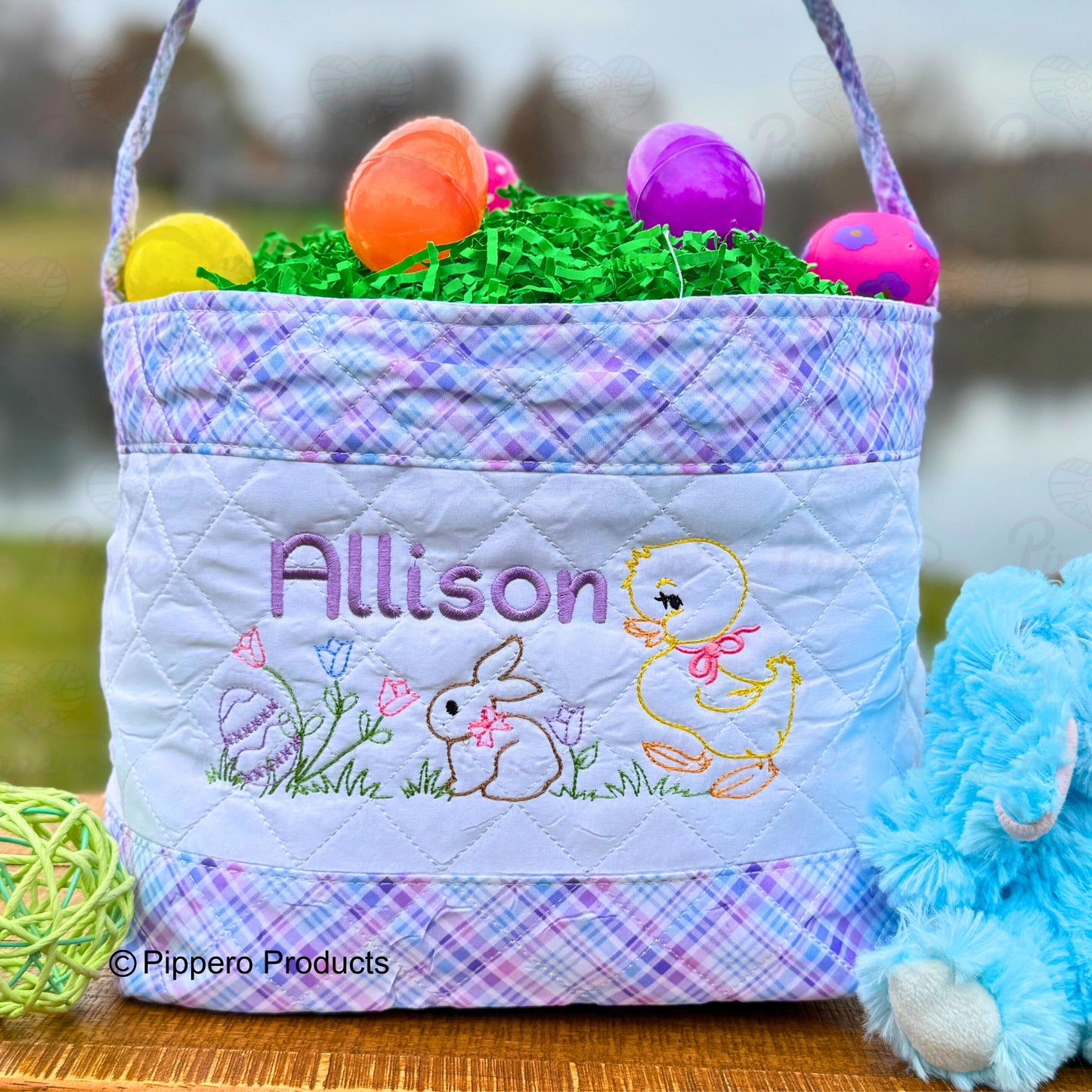 Personalized Embroidered Girl's Easter Egg Candy Basket with Quilted Egg Bunny Chick design