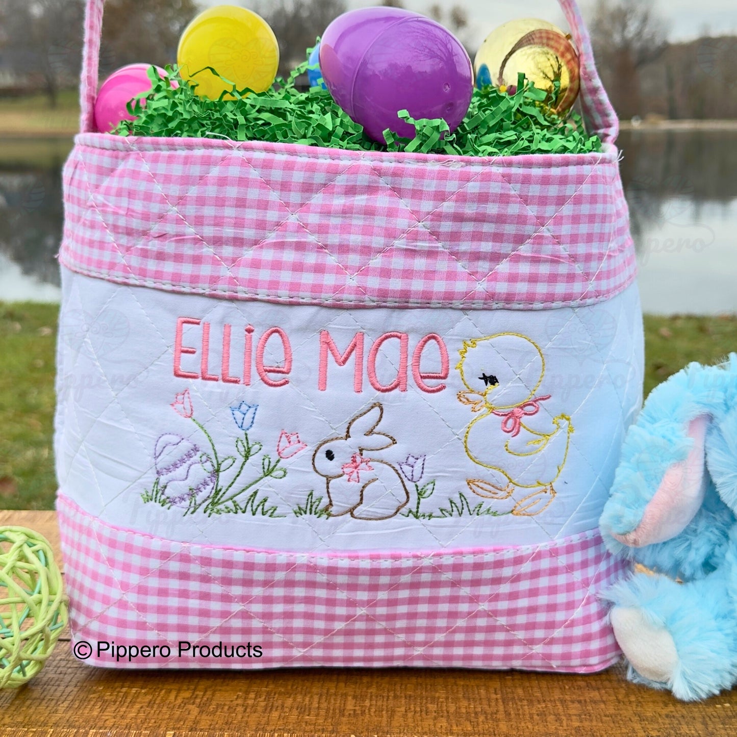 Personalized Embroidered Girl's Easter Egg Candy Basket with Quilted Egg Bunny Chick design