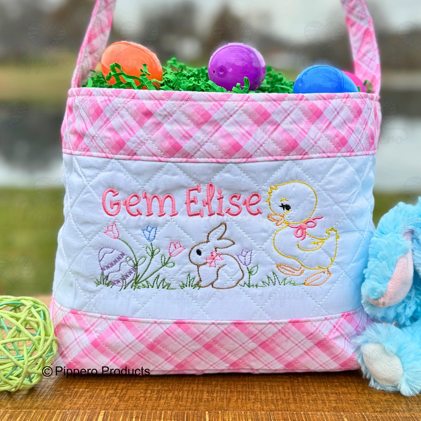 Personalized Embroidered Girl's Easter Egg Candy Basket with Quilted Egg Bunny Chick design