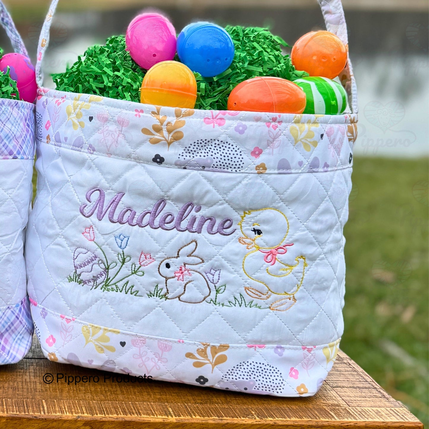 Personalized Embroidered Girl's Easter Egg Candy Basket with Quilted Egg Bunny Chick design