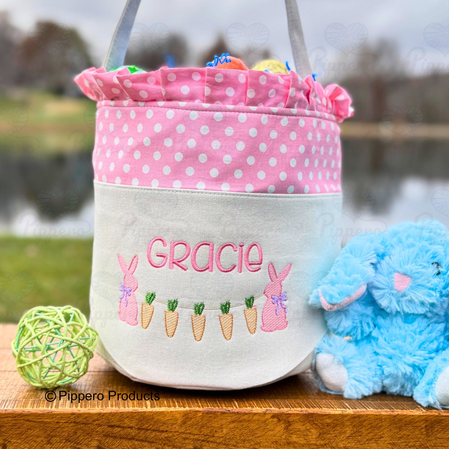 Personalized Bunny with Carrots Design Embroidered Kid's Easter Egg Candy Basket