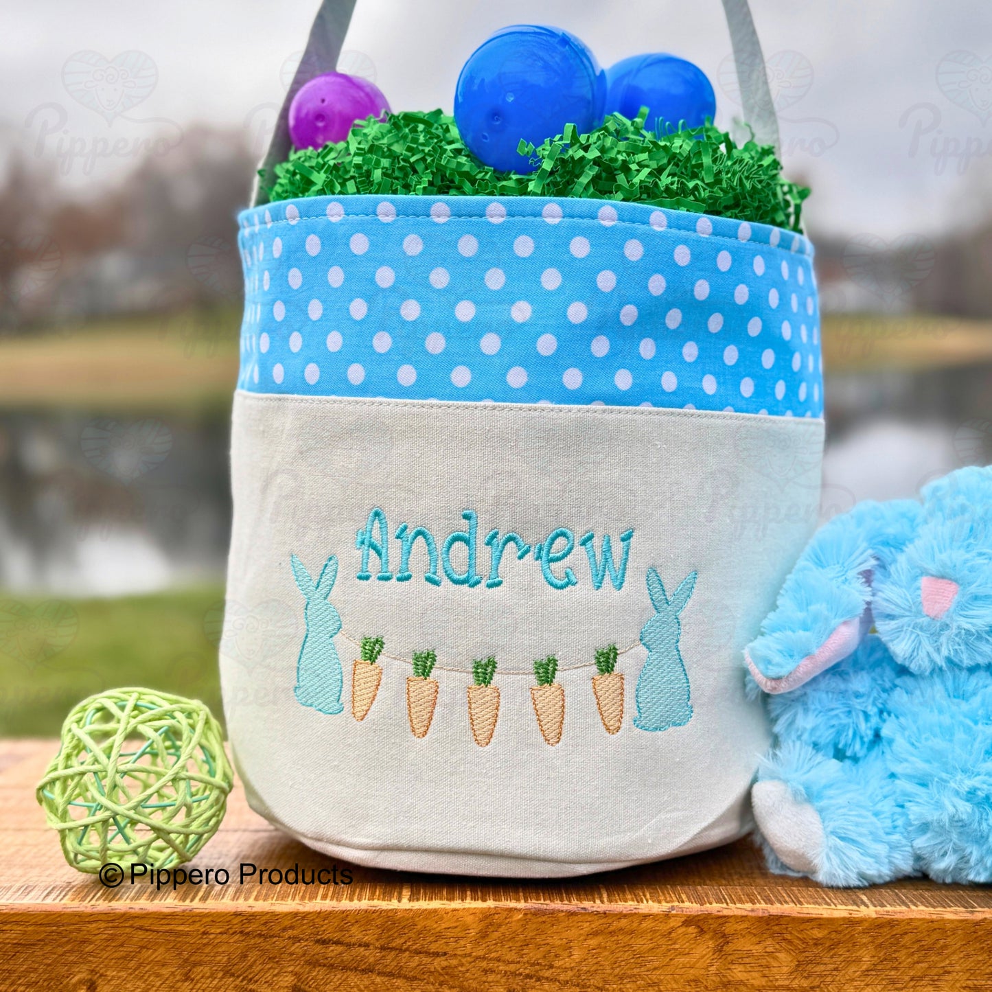 Personalized Bunny with Carrots Design Embroidered Kid's Easter Egg Candy Basket