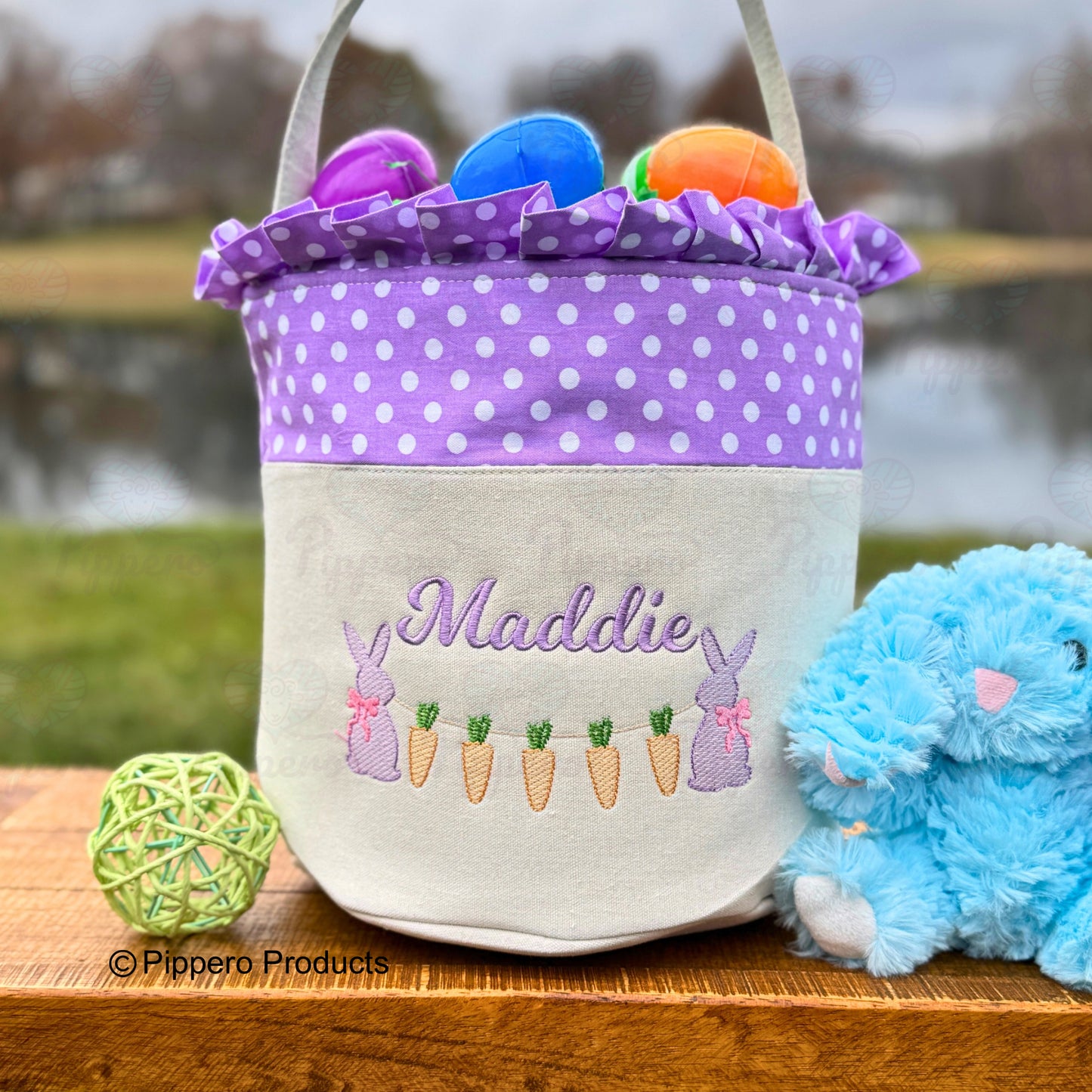 Personalized Bunny with Carrots Design Embroidered Kid's Easter Egg Candy Basket