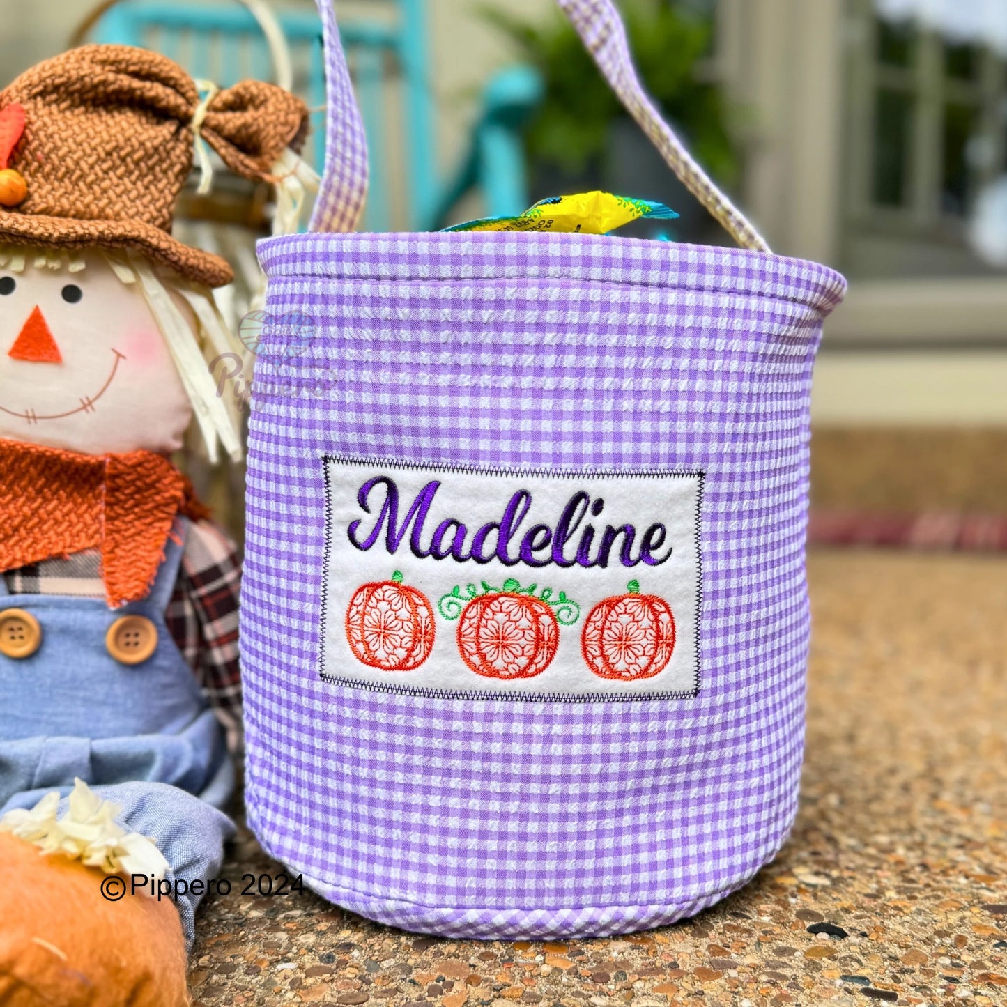Personalized Embroidered Gingham Trick or Treat Halloween Basket Bag Orange Pumpkin Design