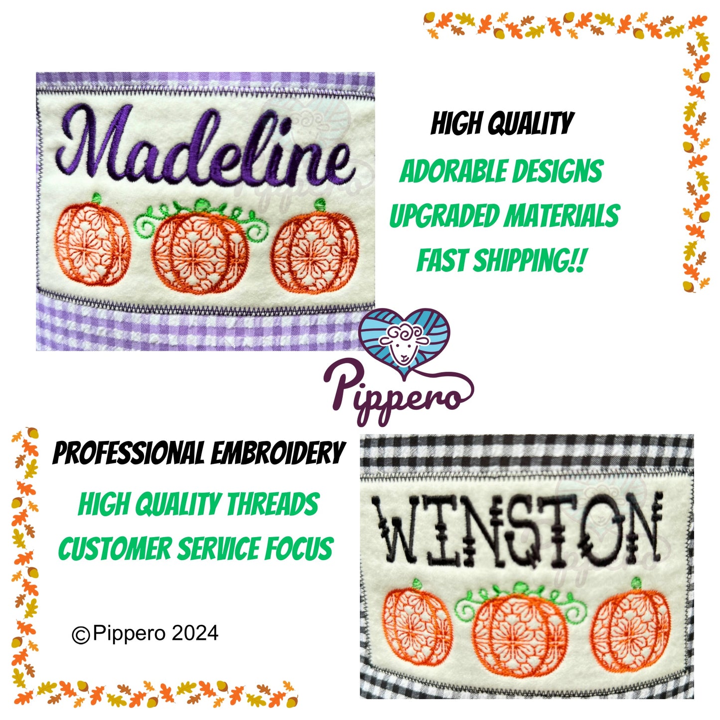 Personalized Embroidered Gingham Trick or Treat Halloween Basket Bag Orange Pumpkin Design