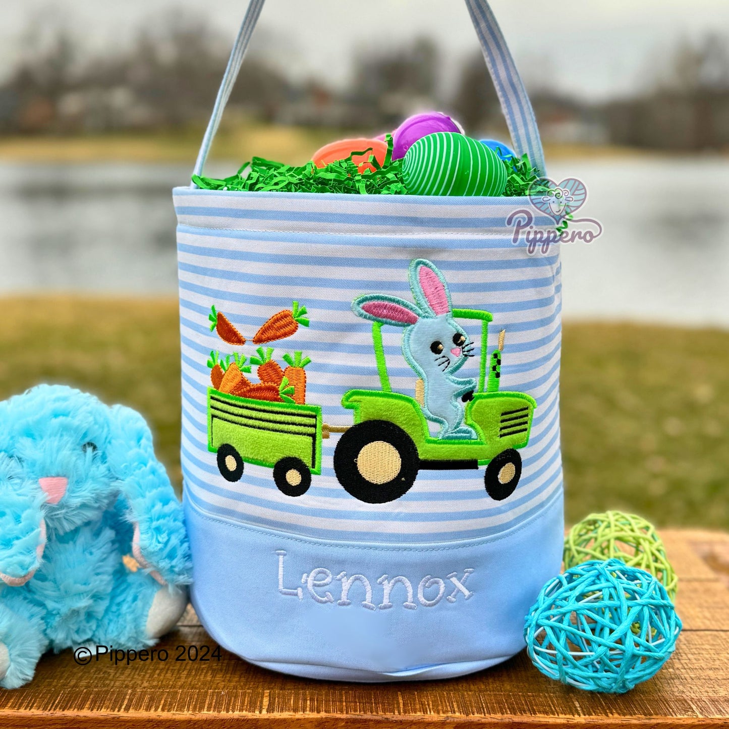 Personalized Embroidered Easter Basket with Adorable Custom Design Bunny Cross Lamb Chick Egg Appliqué Characters Gift for Boy Gift for Girl