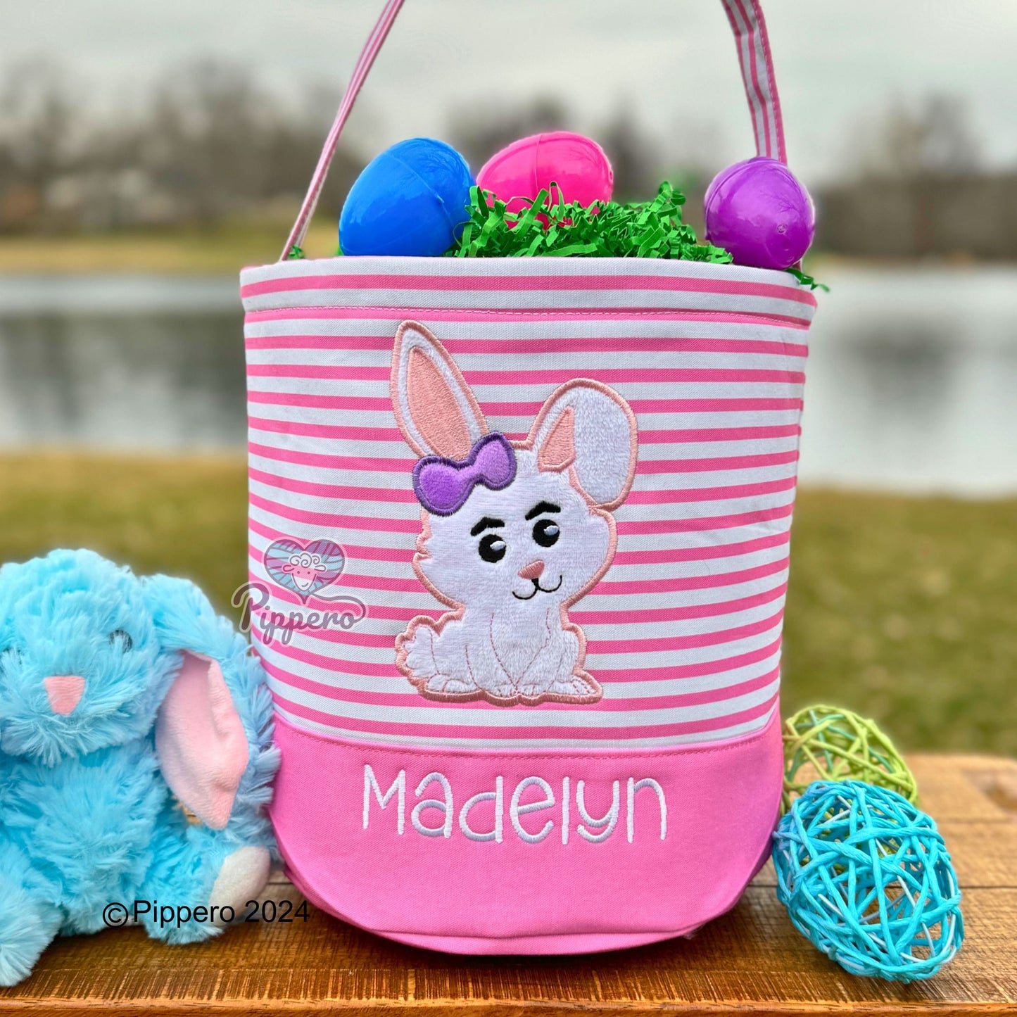 Personalized Embroidered Easter Basket with Adorable Custom Design Bunny Cross Lamb Chick Egg Appliqué Characters Gift for Boy Gift for Girl