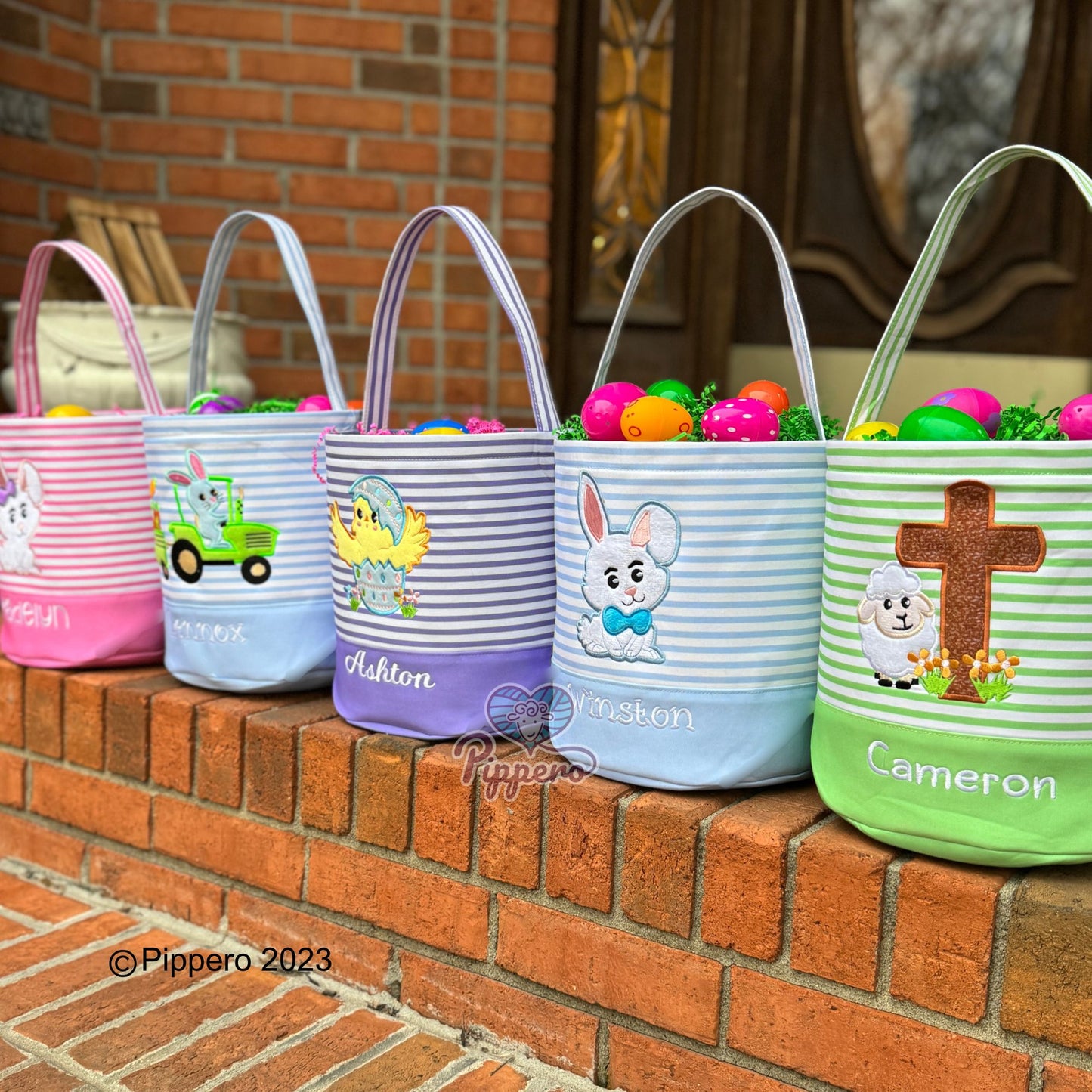 Personalized Embroidered Easter Basket with Adorable Custom Design Bunny Cross Lamb Chick Egg Appliqué Characters Gift for Boy Gift for Girl