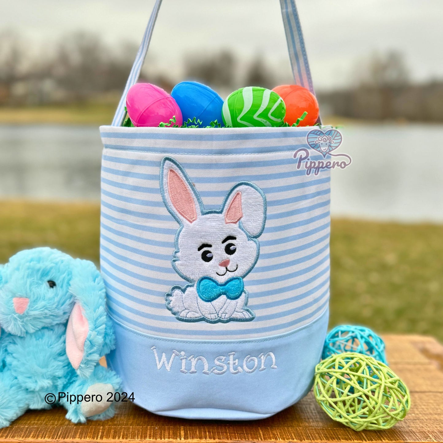 Personalized Embroidered Easter Basket with Adorable Custom Design Bunny Cross Lamb Chick Egg Appliqué Characters Gift for Boy Gift for Girl