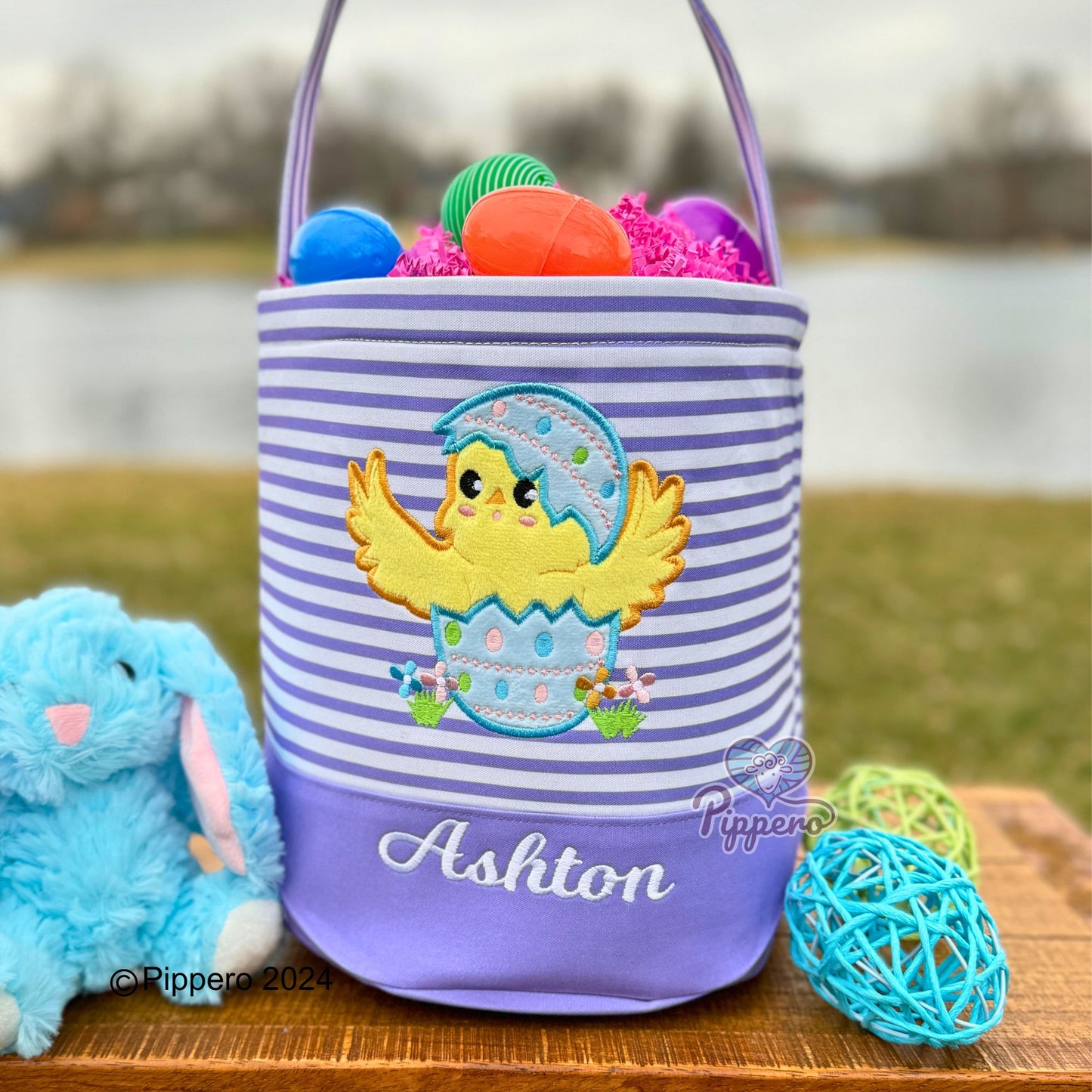 Personalized Embroidered Easter Basket with Adorable Custom Design Bunny Cross Lamb Chick Egg Appliqué Characters Gift for Boy Gift for Girl