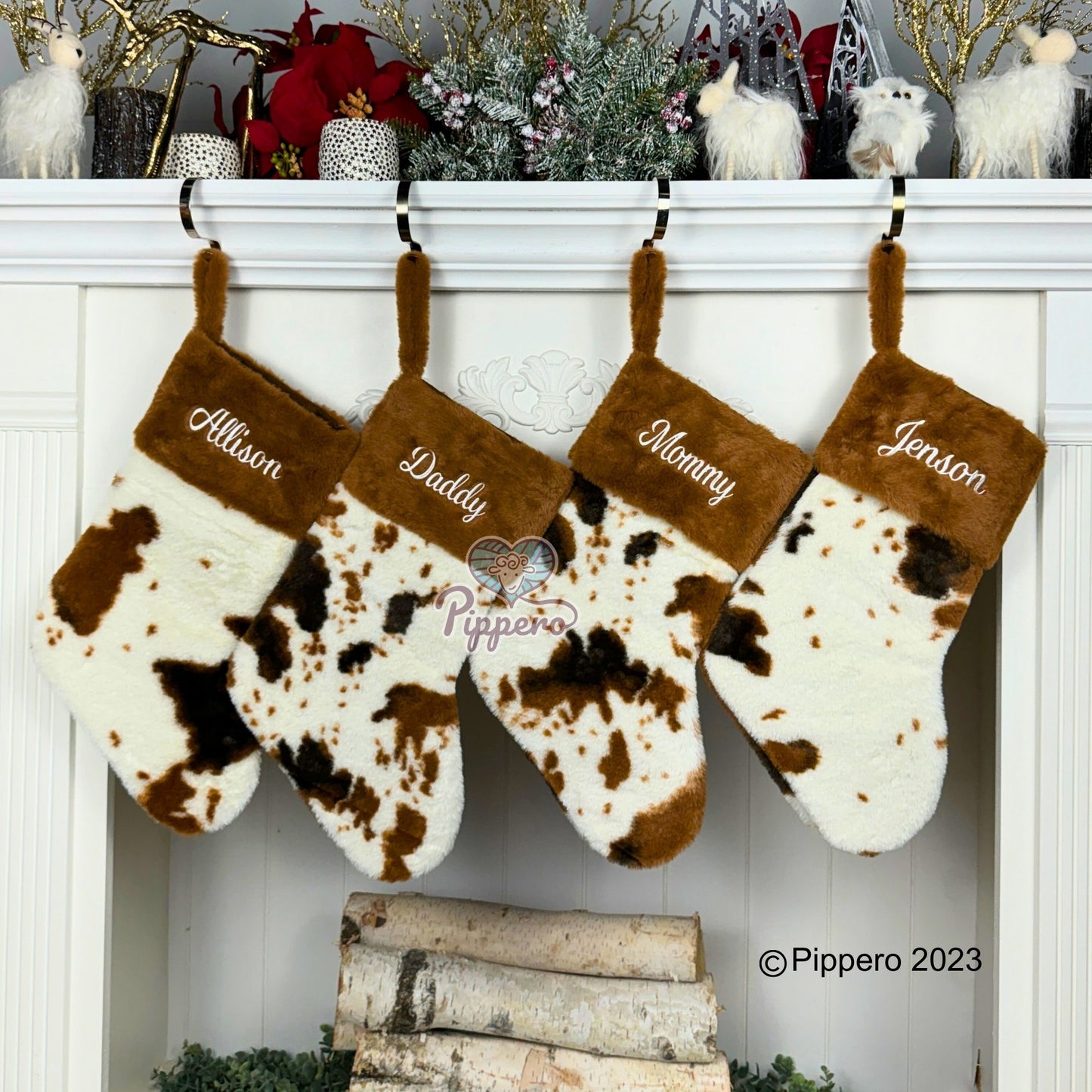 Personalized Embroidered Furry Brown Cow Family Christmas Stocking