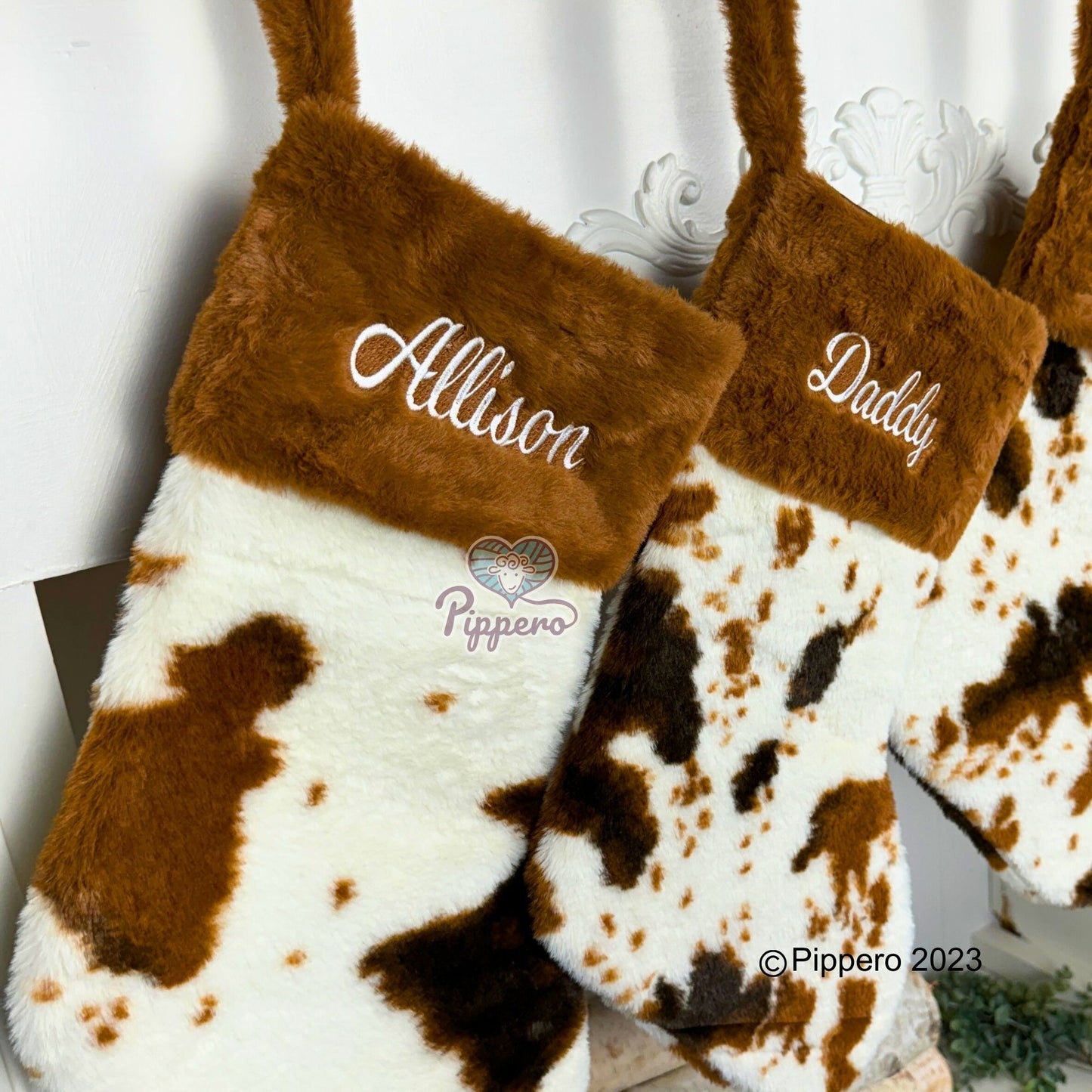 Personalized Embroidered Furry Brown Cow Family Christmas Stocking