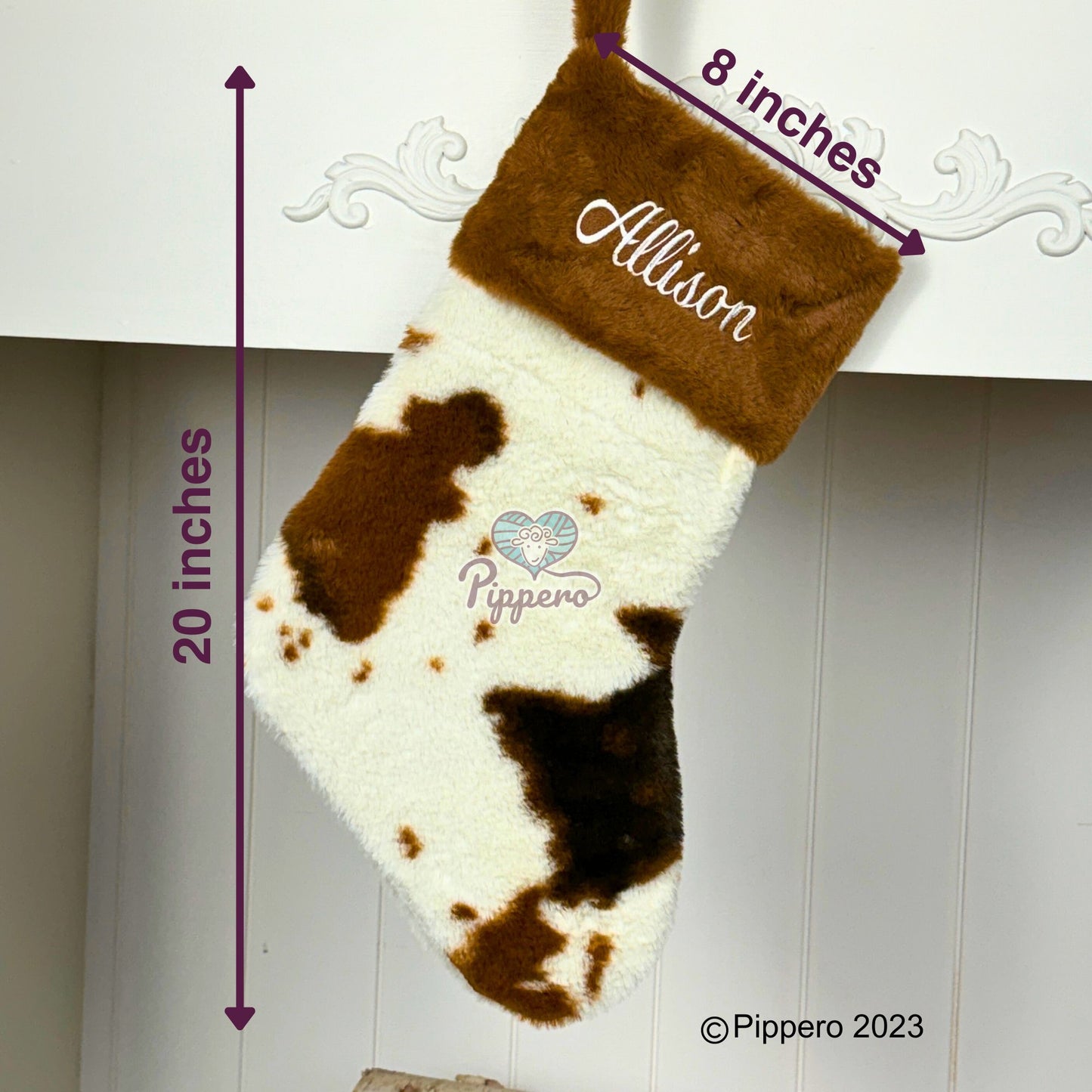 Personalized Embroidered Furry Brown Cow Family Christmas Stocking