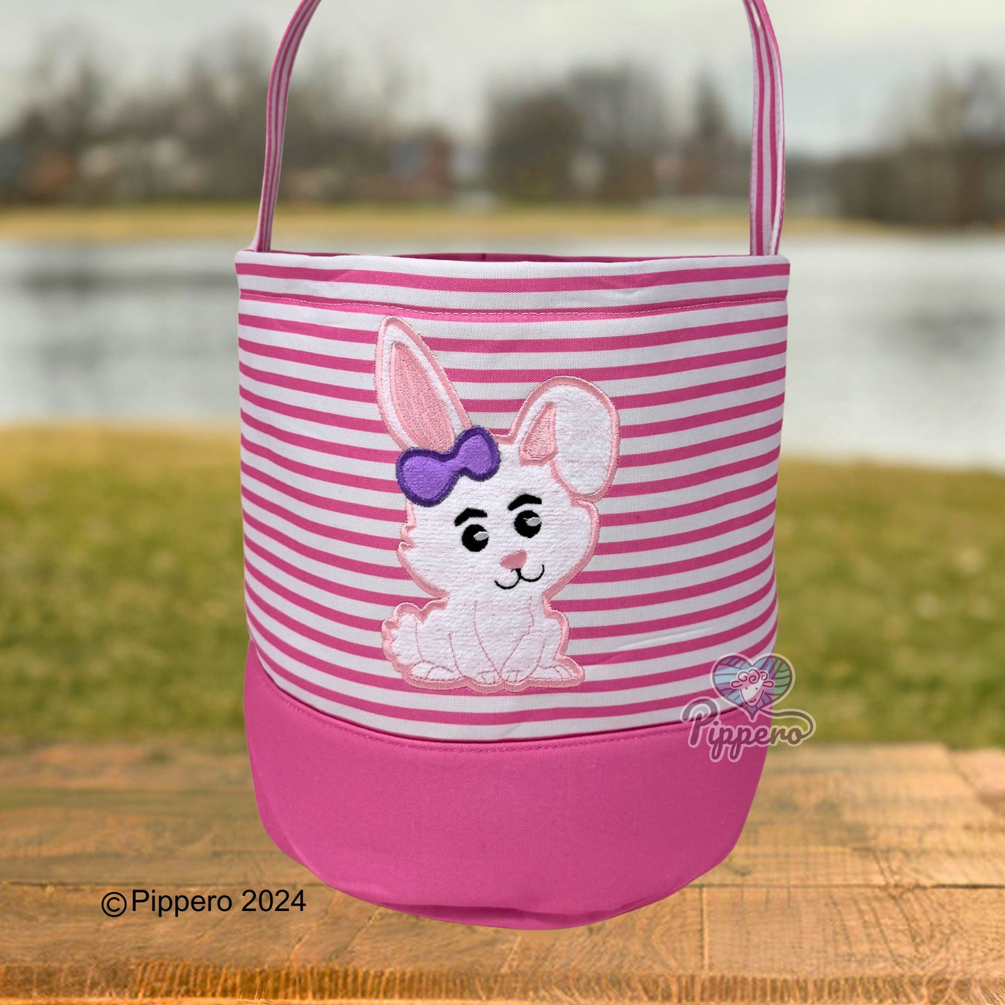 Easter Basket Bucket with Adorable Custom Pippero Design Bunny Cross Lamb Chick Egg Appliqué Characters Gift for Boy Gift for Girl