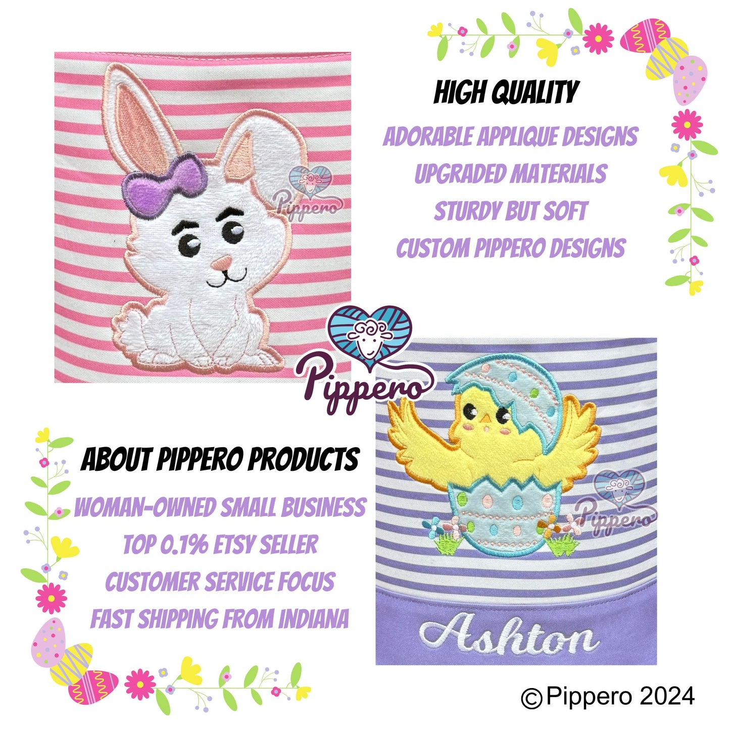 Easter Basket Bucket with Adorable Custom Pippero Design Bunny Cross Lamb Chick Egg Appliqué Characters Gift for Boy Gift for Girl