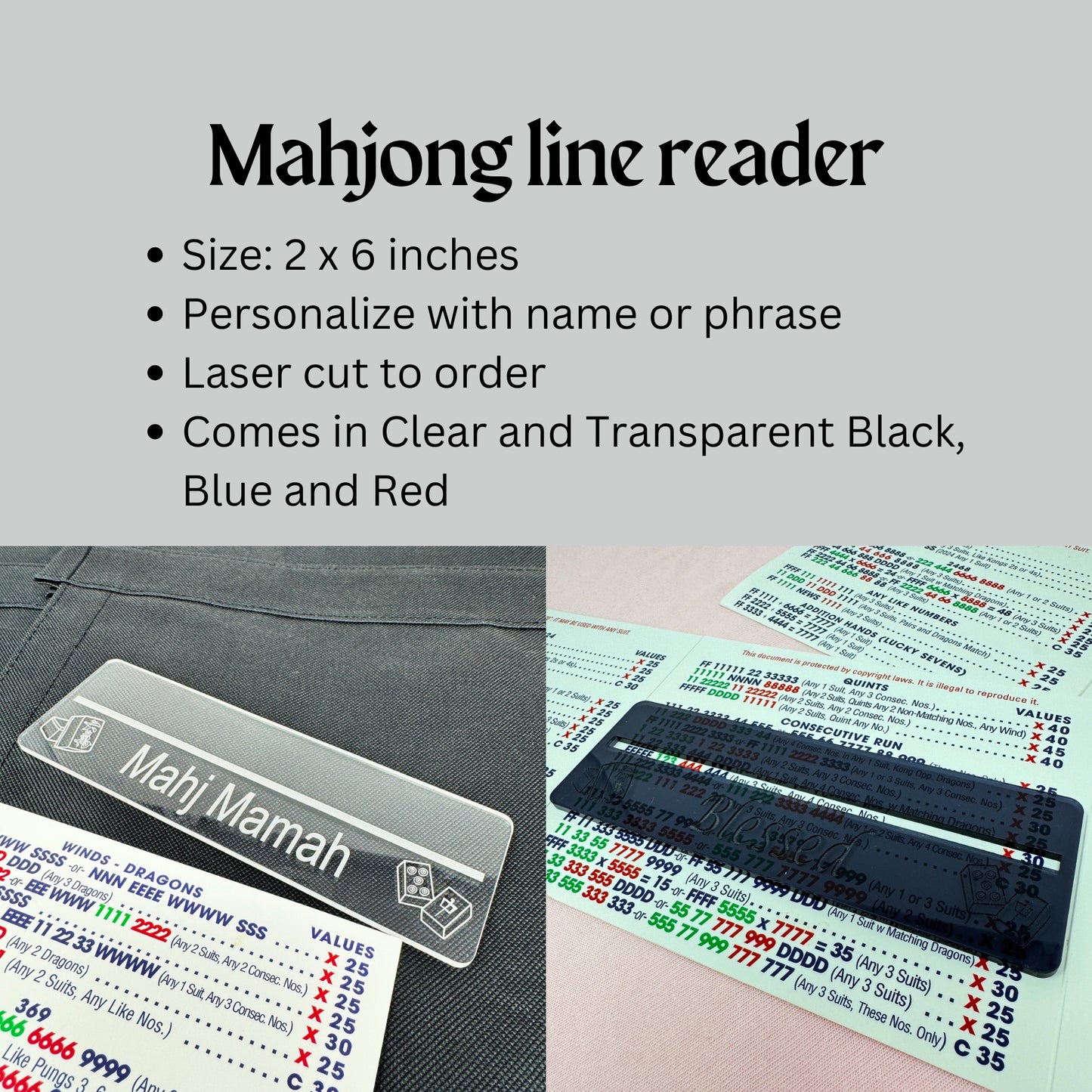 Personalized Mahjong Line Finder Reader Clear Transparent Acrylic Custom Mah Jongg Mahjong tournament or group gift with tile accents