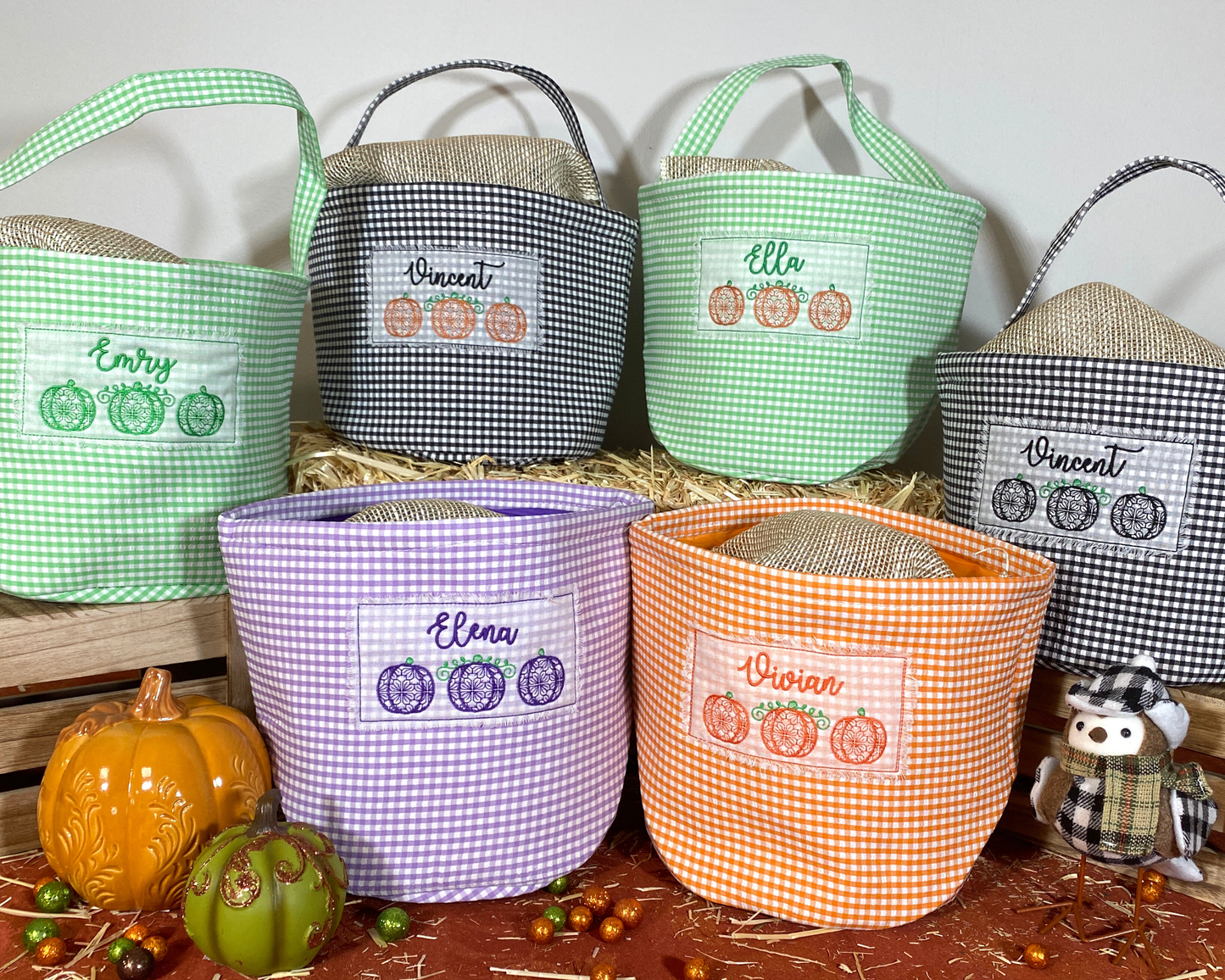 Gingham Halloween Basket with Pumpkins