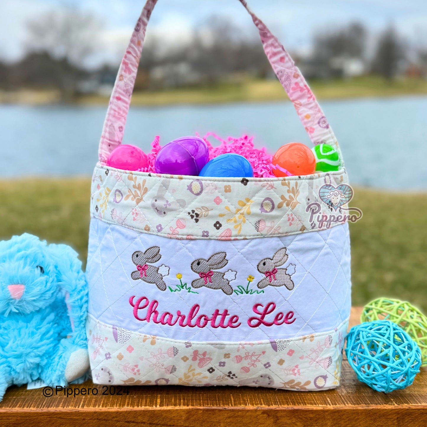 Personalized Custom Embroidered Quilted Bunny Easter Bag Basket Bucket Tote Blue or Pink Three Bunny Bow Design Kid’s Gift for Boy or Girl