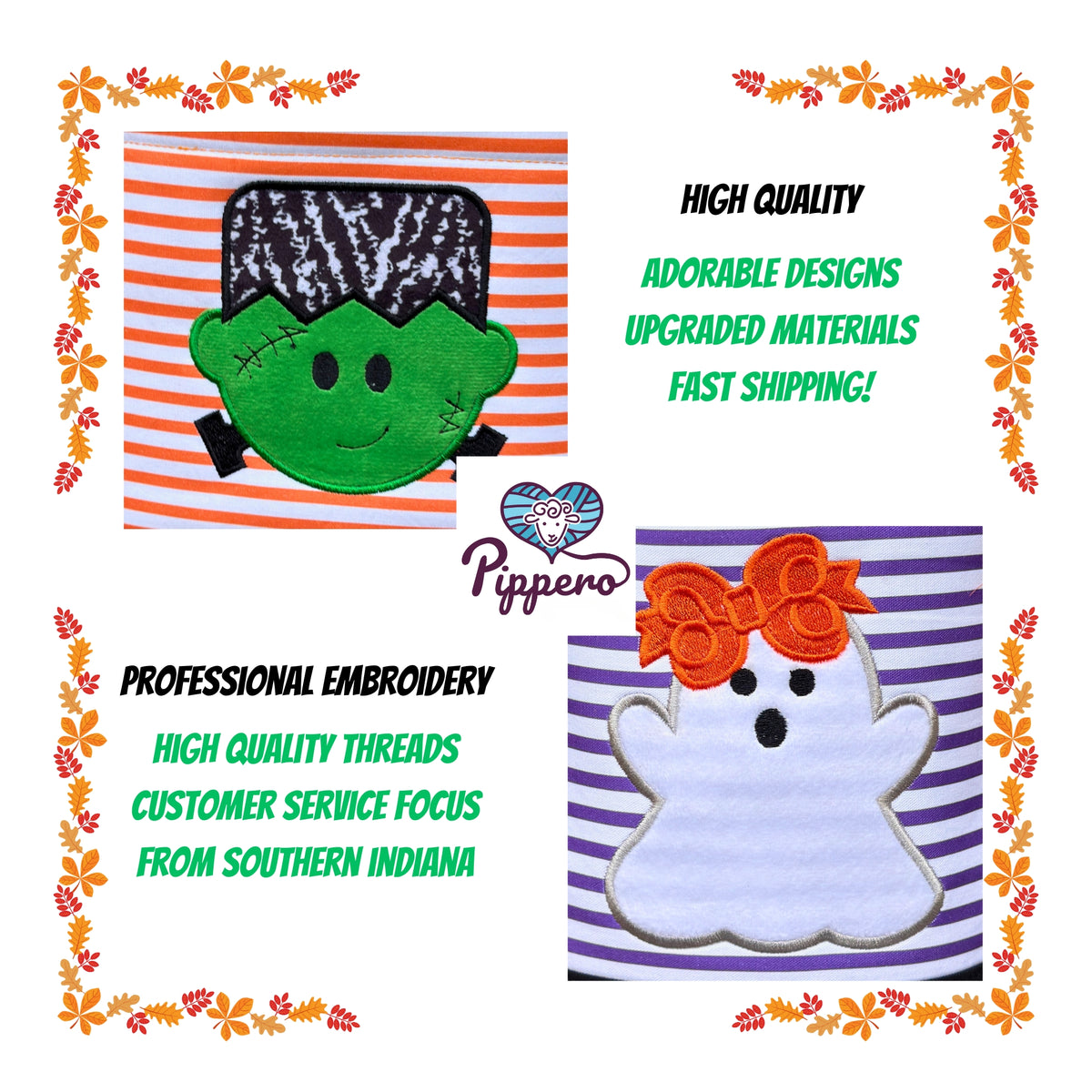 Personalized Embroidered Halloween Treat Basket with Striped Character Designs