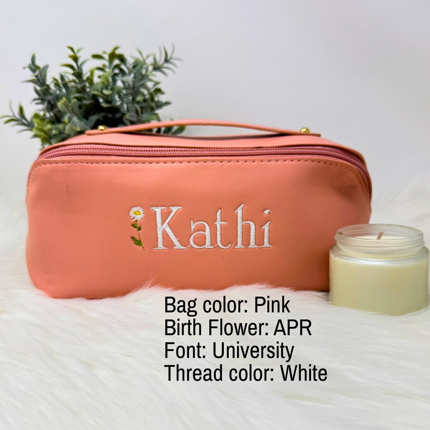 Personalized Vegan Leather Makeup Bag with Embroidered Name and Birth Month Flower