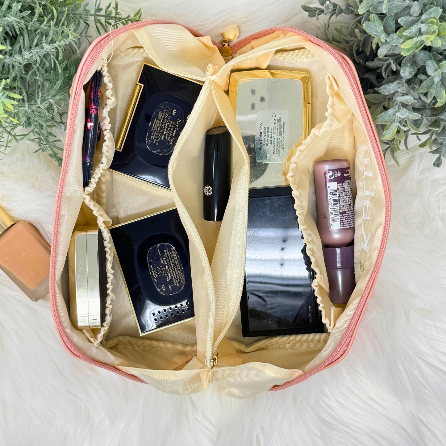 Personalized Vegan Leather Makeup Bag with Embroidered Name and Birth Month Flower