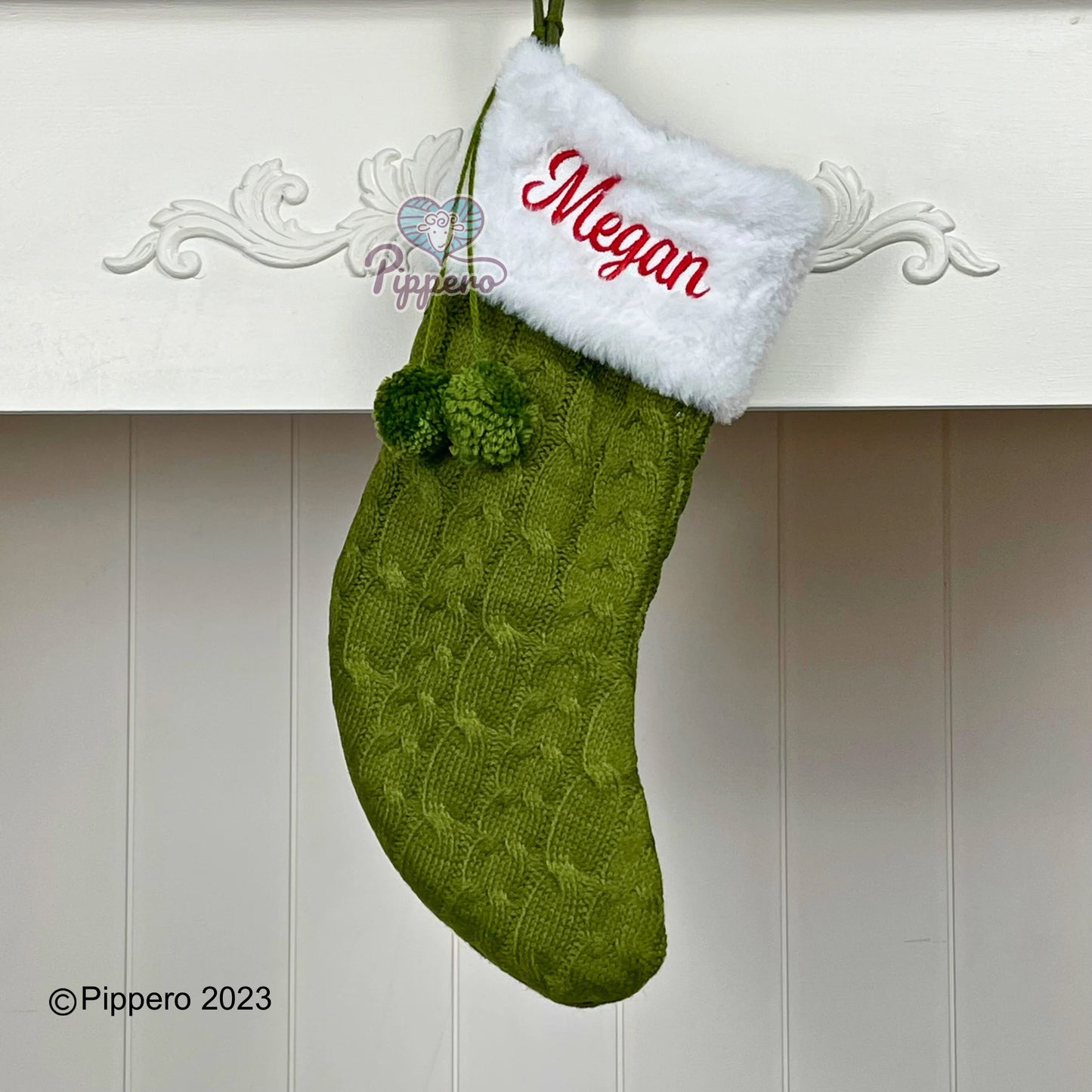 Custom Personalized Embroidered Classic Family Christmas Stockings with Furry Cuff and Poms Red Green White