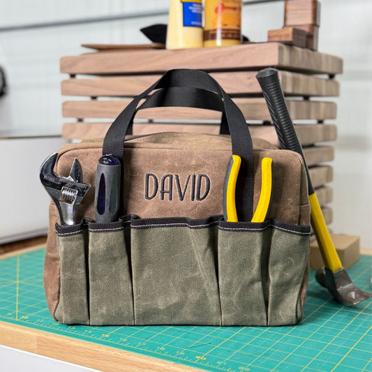Personalized Embroidered Tool Bag with waxed canvas exterior