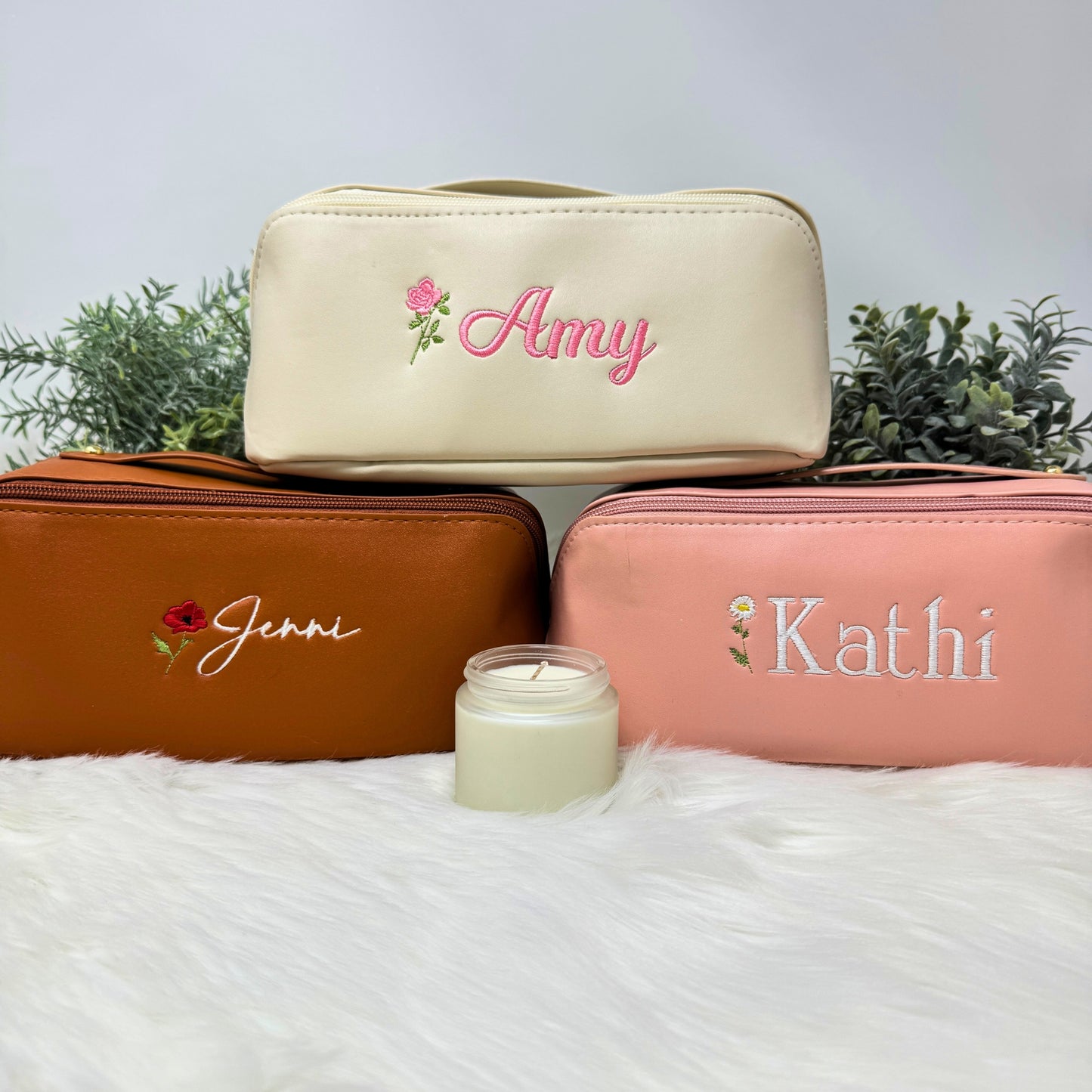 Personalized Vegan Leather Makeup Bag with Embroidered Name and Birth Month Flower