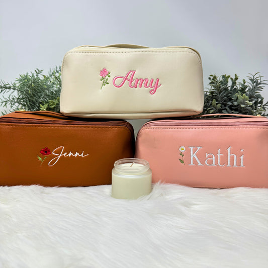 Personalized Vegan Leather Makeup Bag with Embroidered Name and Birth Month Flower