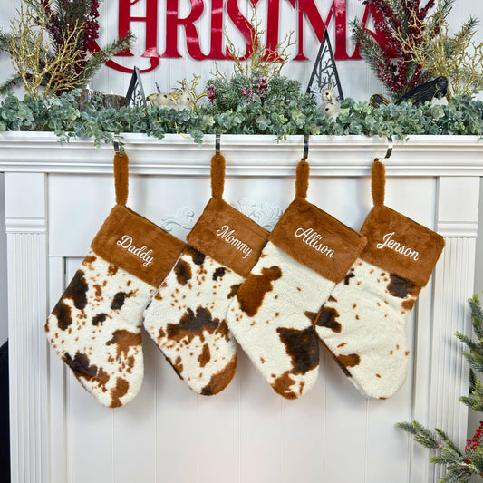 Personalized Embroidered Furry Brown Cow Family Christmas Stocking
