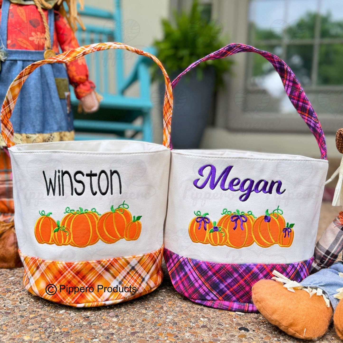 Personalized Embroidered Trick or Treat, Trunk or Treat Halloween Candy Bag Basket Bucket Tote with Plaid Pumpkin Design Gift for Boy or Girl