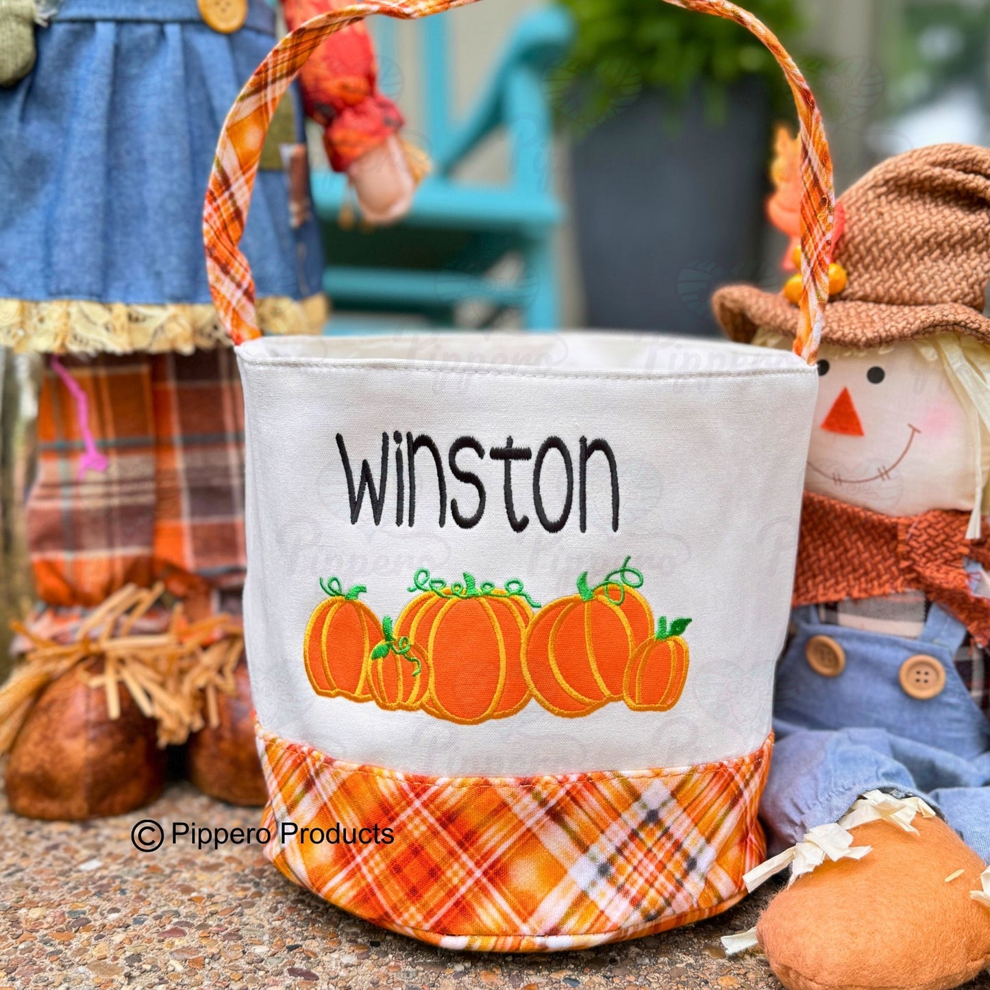 Personalized Embroidered Trick or Treat, Trunk or Treat Halloween Candy Bag Basket Bucket Tote with Plaid Pumpkin Design Gift for Boy or Girl