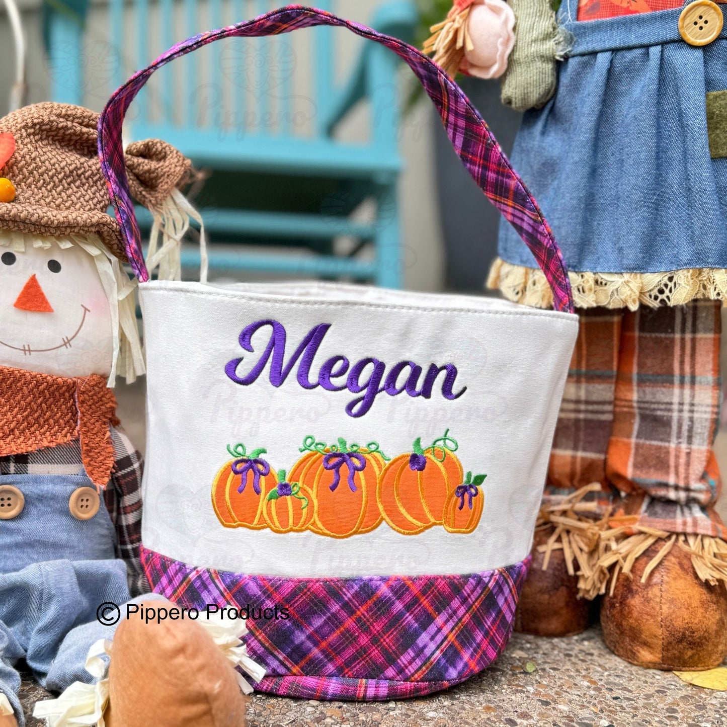 Personalized Embroidered Trick or Treat, Trunk or Treat Halloween Candy Bag Basket Bucket Tote with Plaid Pumpkin Design Gift for Boy or Girl