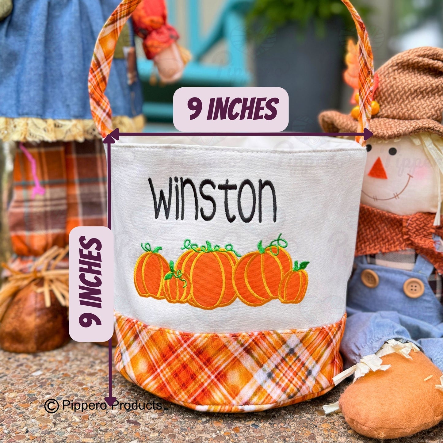 Personalized Embroidered Trick or Treat, Trunk or Treat Halloween Candy Bag Basket Bucket Tote with Plaid Pumpkin Design Gift for Boy or Girl