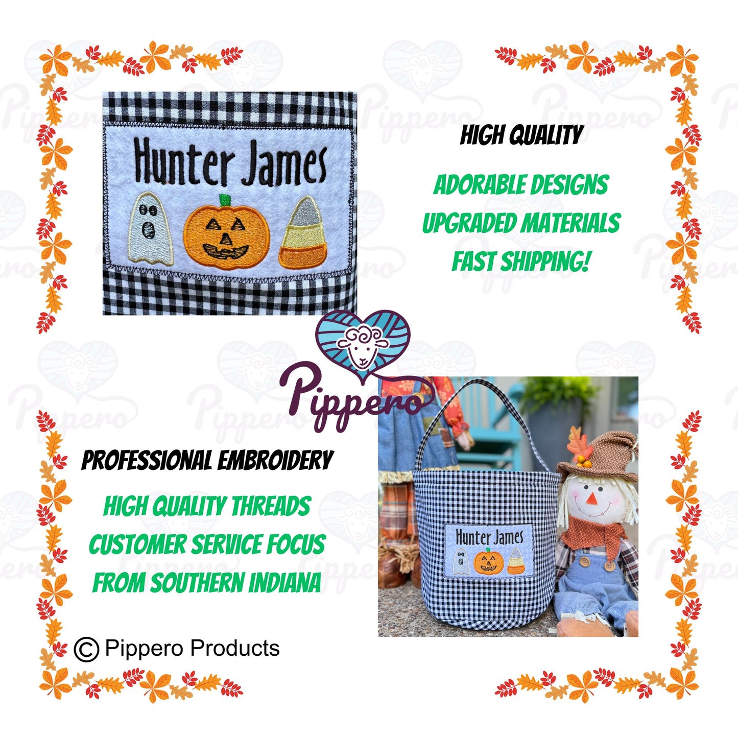 Personalized Embroidered Halloween Trick-or-Treat Candy Basket Gingham Ghost Pumpkin Candy design