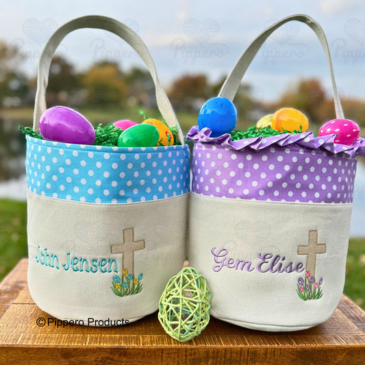 Personalized Cross Design Easter Egg Candy Basket Embroidered Dot Bucket