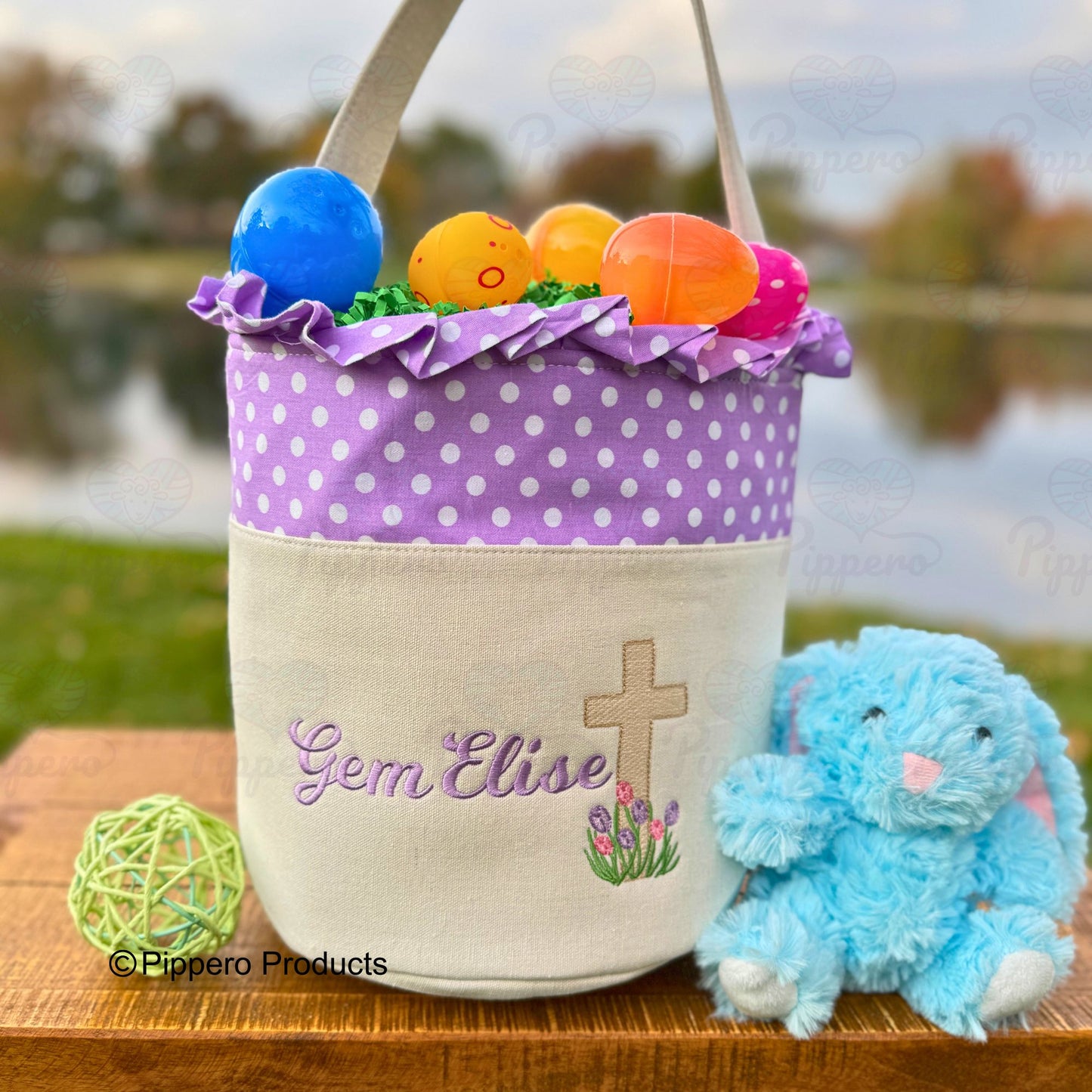 Personalized Cross Design Easter Egg Candy Basket Embroidered Dot Bucket