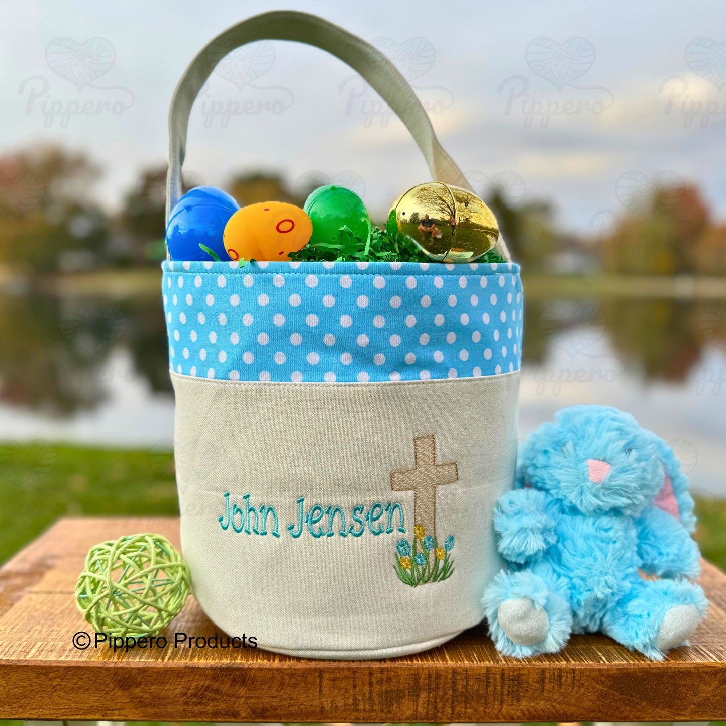 Personalized Cross Design Easter Egg Candy Basket Embroidered Dot Bucket