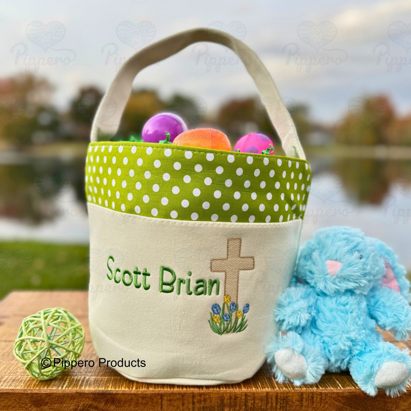 Personalized Cross Design Easter Egg Candy Basket Embroidered Dot Bucket