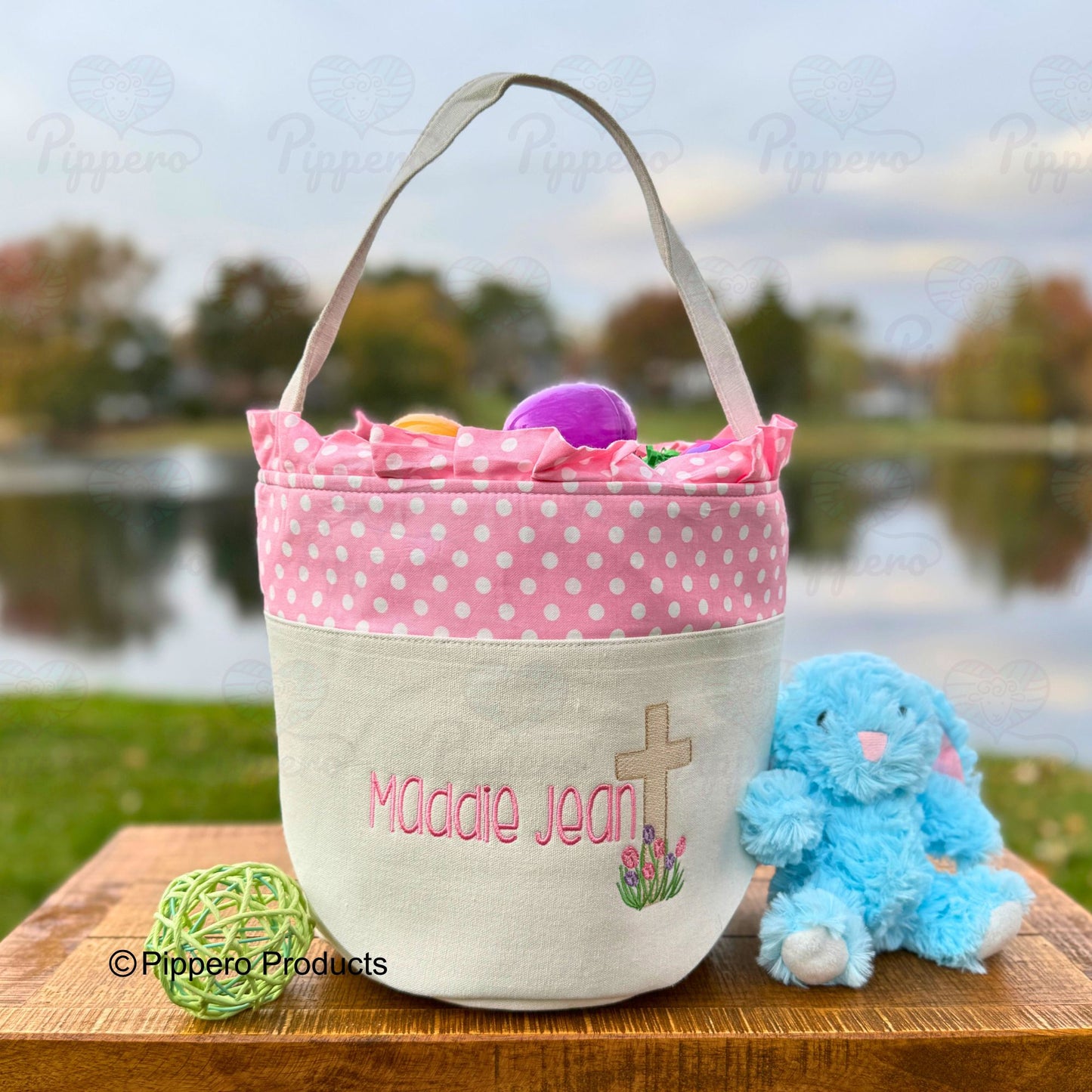 Personalized Cross Design Easter Egg Candy Basket Embroidered Dot Bucket