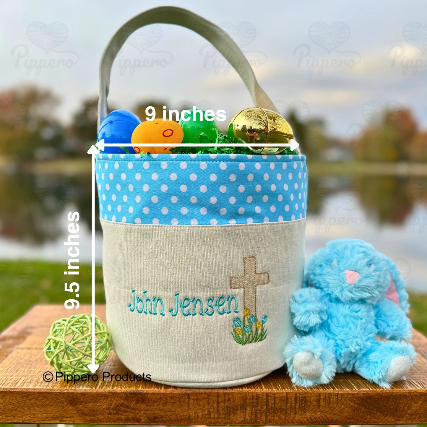 Personalized Cross Design Easter Egg Candy Basket Embroidered Dot Bucket